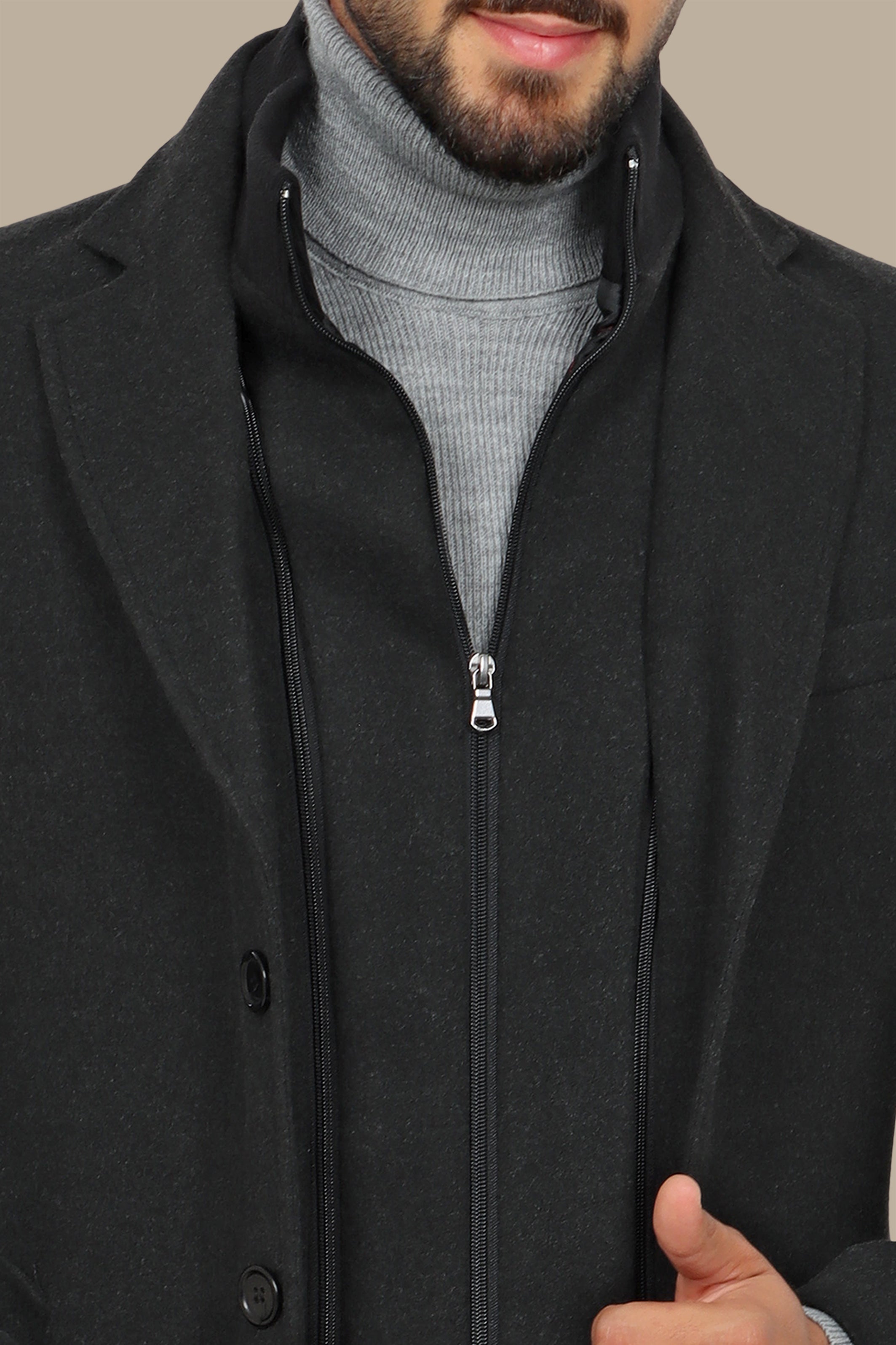 Versatile Chic: Dark Grey Notch Coat with Detachable Element