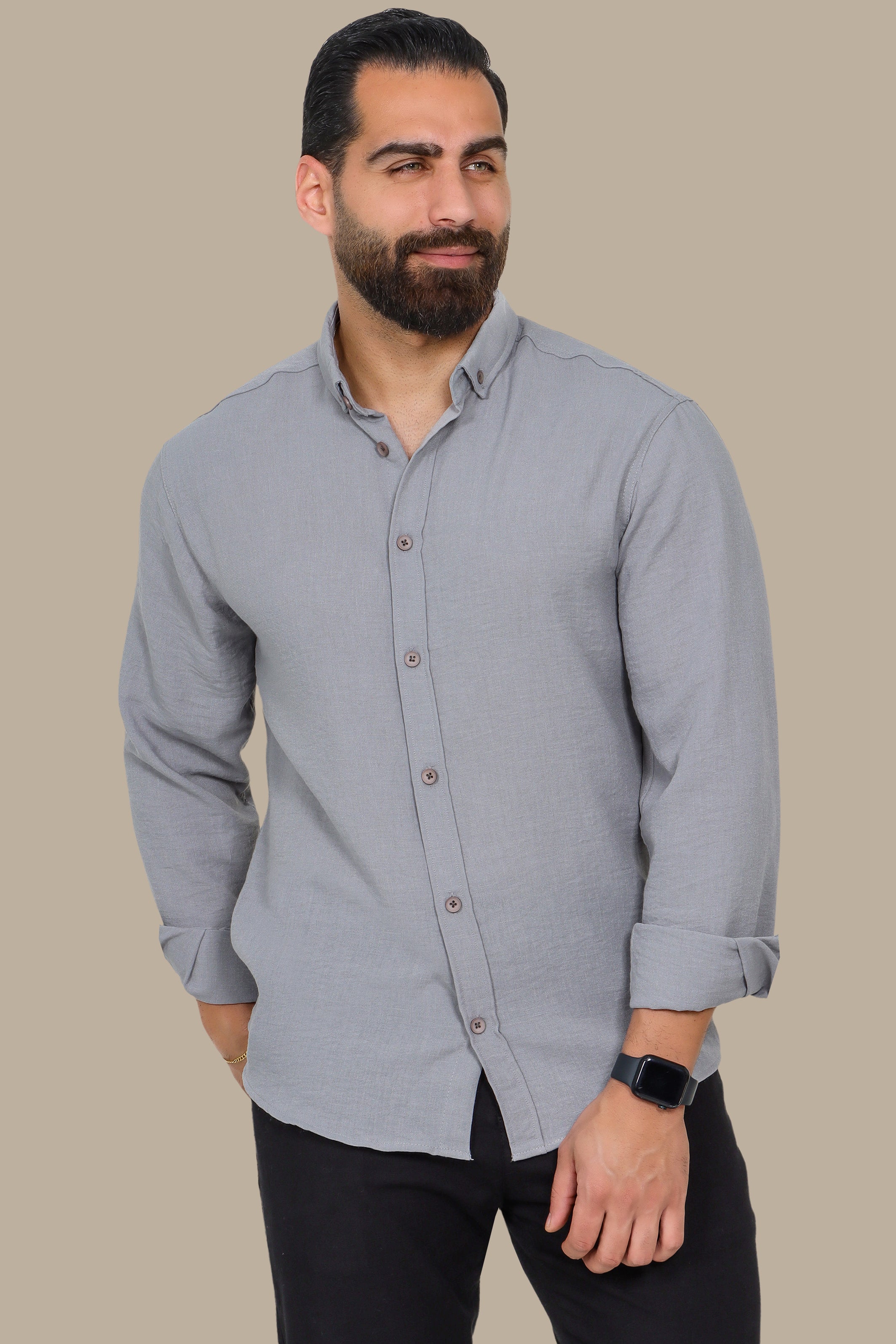 Grey Linen Aerobin Button-Down Shirt