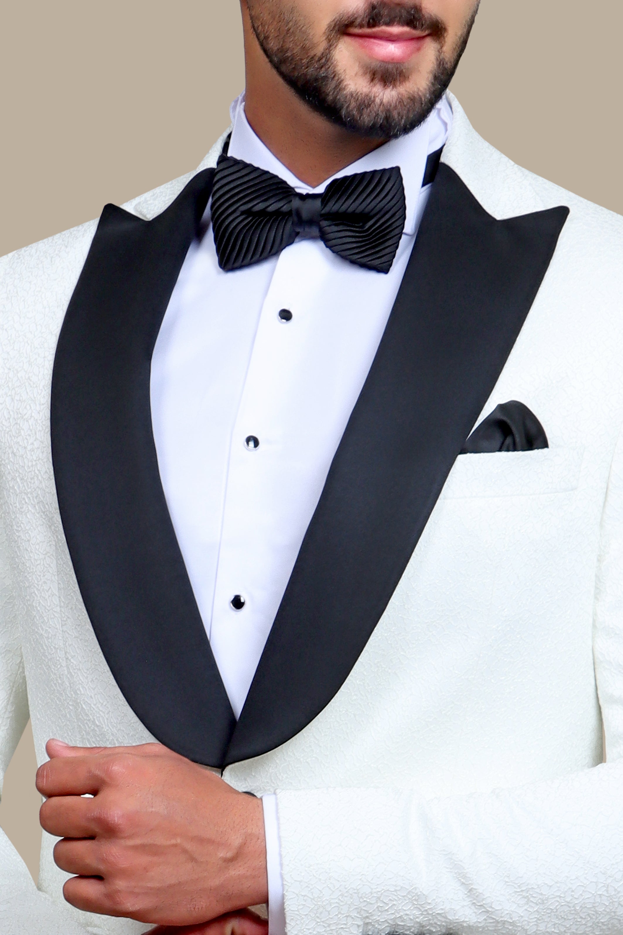 Ultimate Elegance: White Jacquard Peak Curved Tuxedo