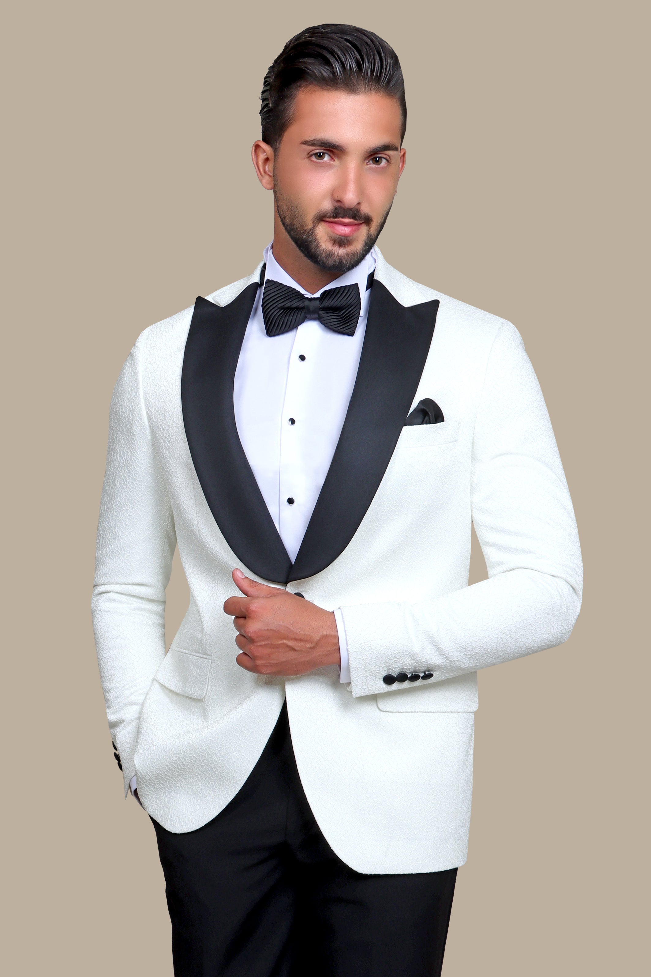 Ultimate Elegance: White Jacquard Peak Curved Tuxedo