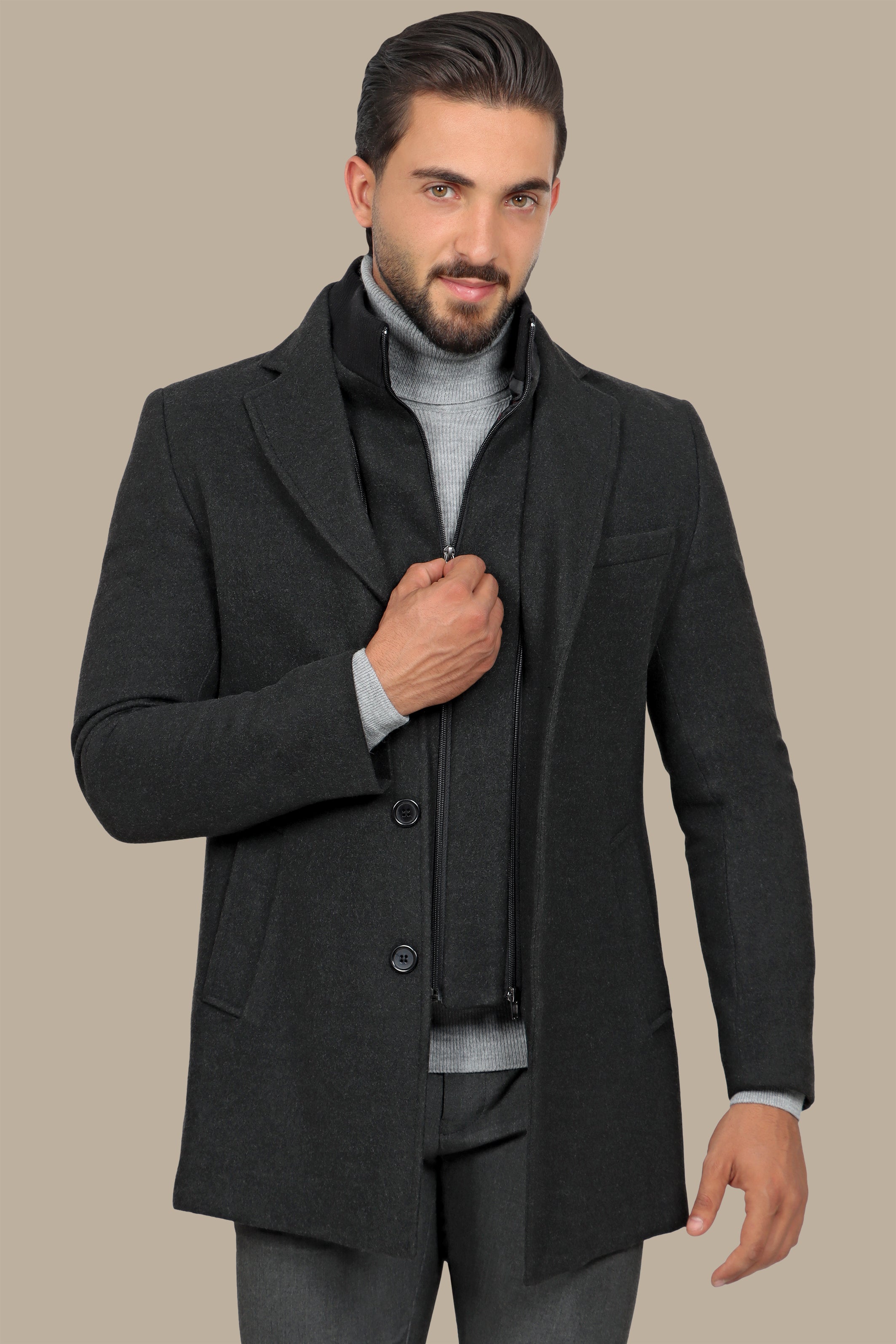 Versatile Chic: Dark Grey Notch Coat with Detachable Element