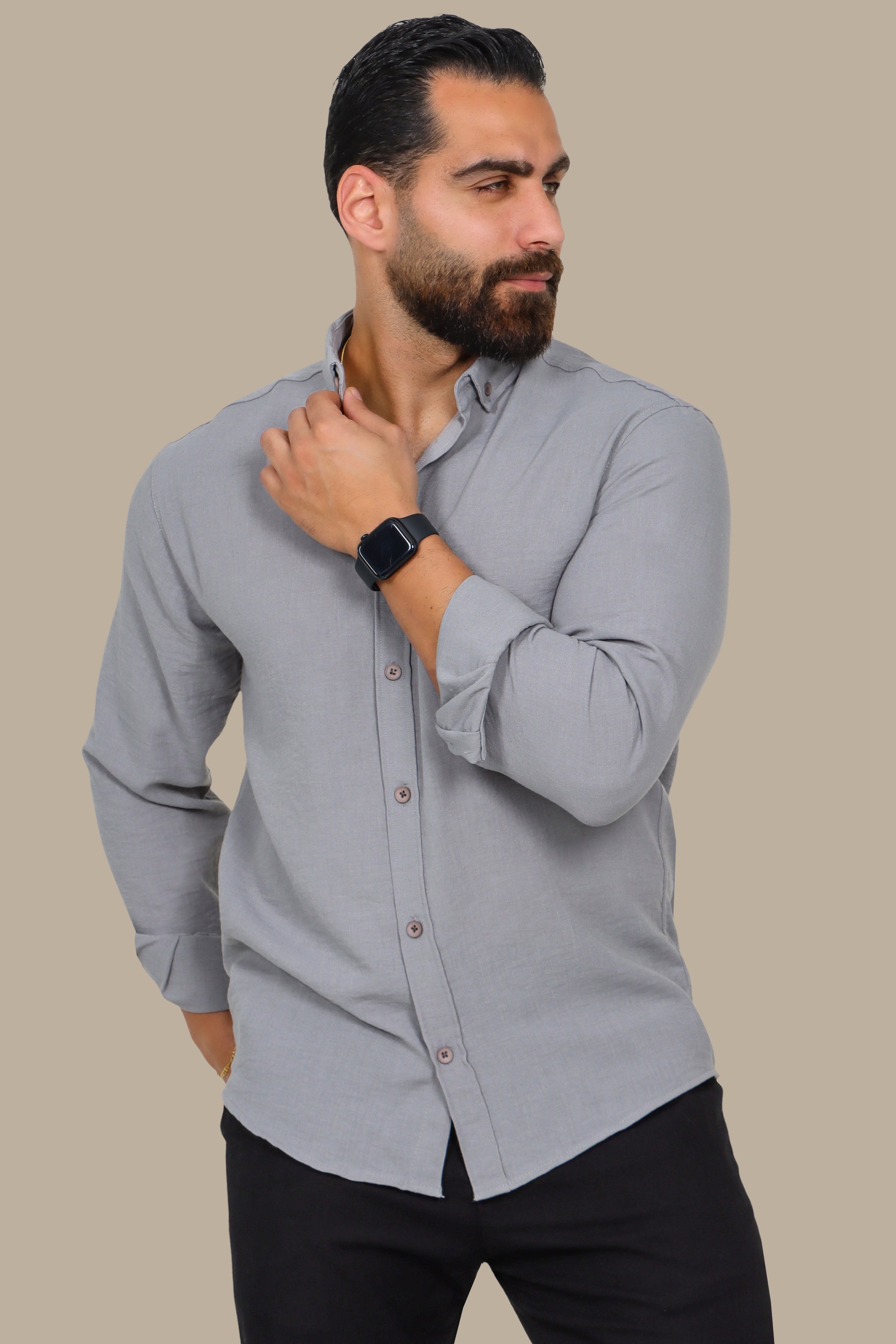 Grey Linen Aerobin Button-Down Shirt