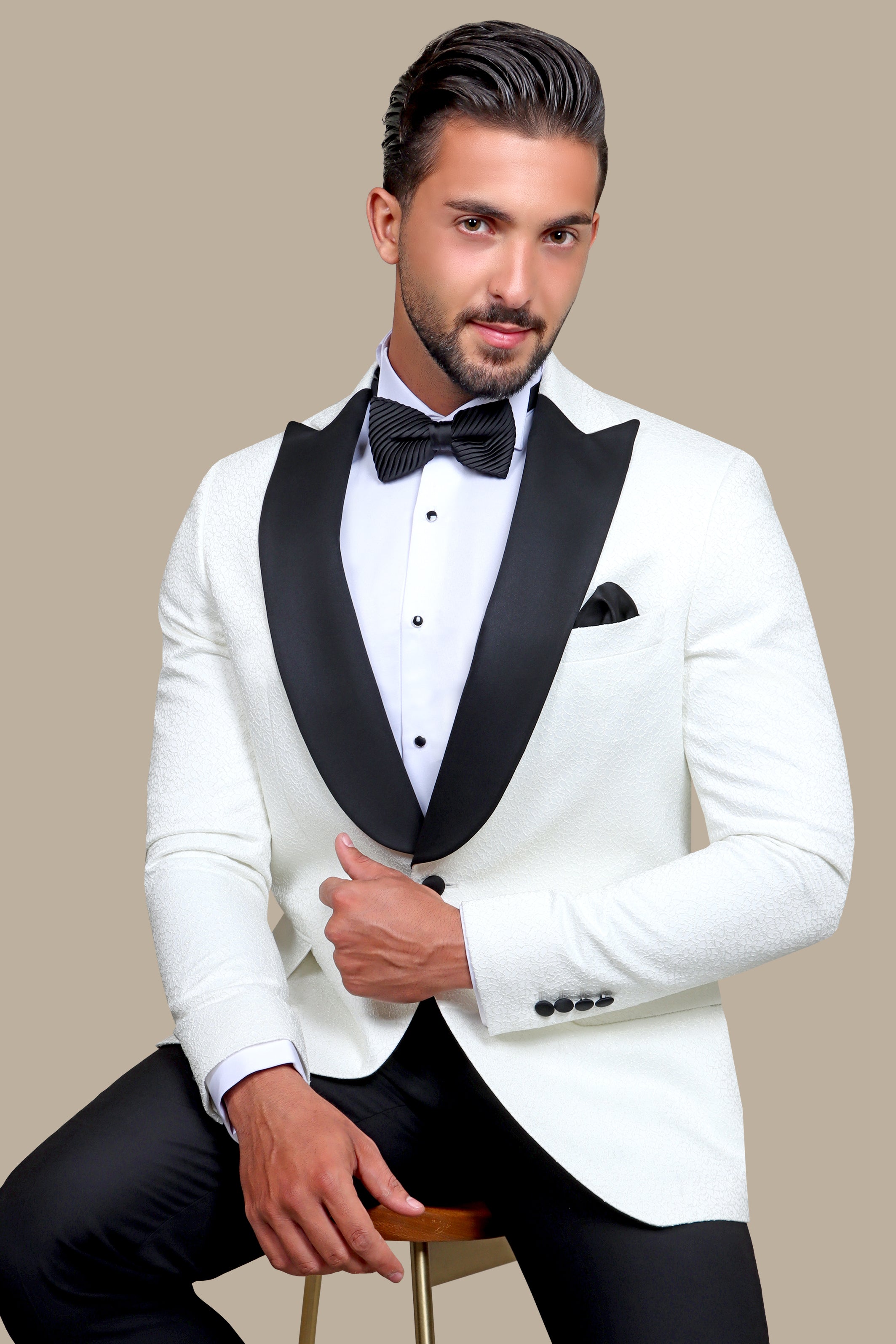 Ultimate Elegance: White Jacquard Peak Curved Tuxedo