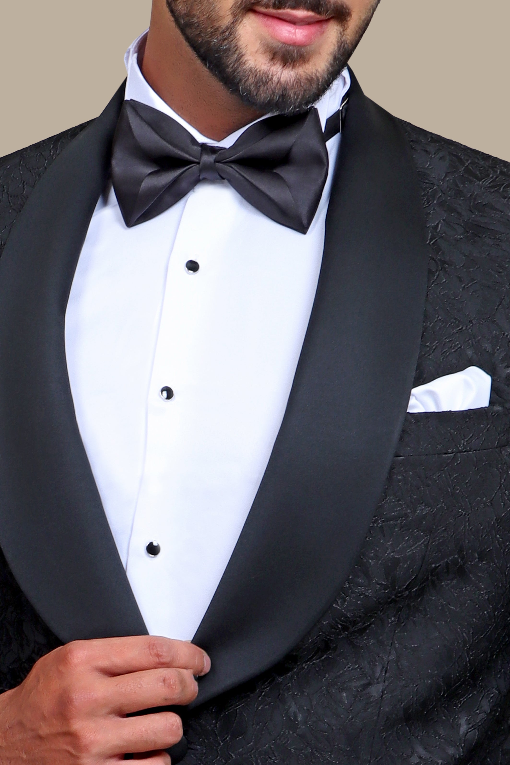 Revolt in Noir: Tuxedo Rebellion - Wide Collar Black Jacquard Leaves