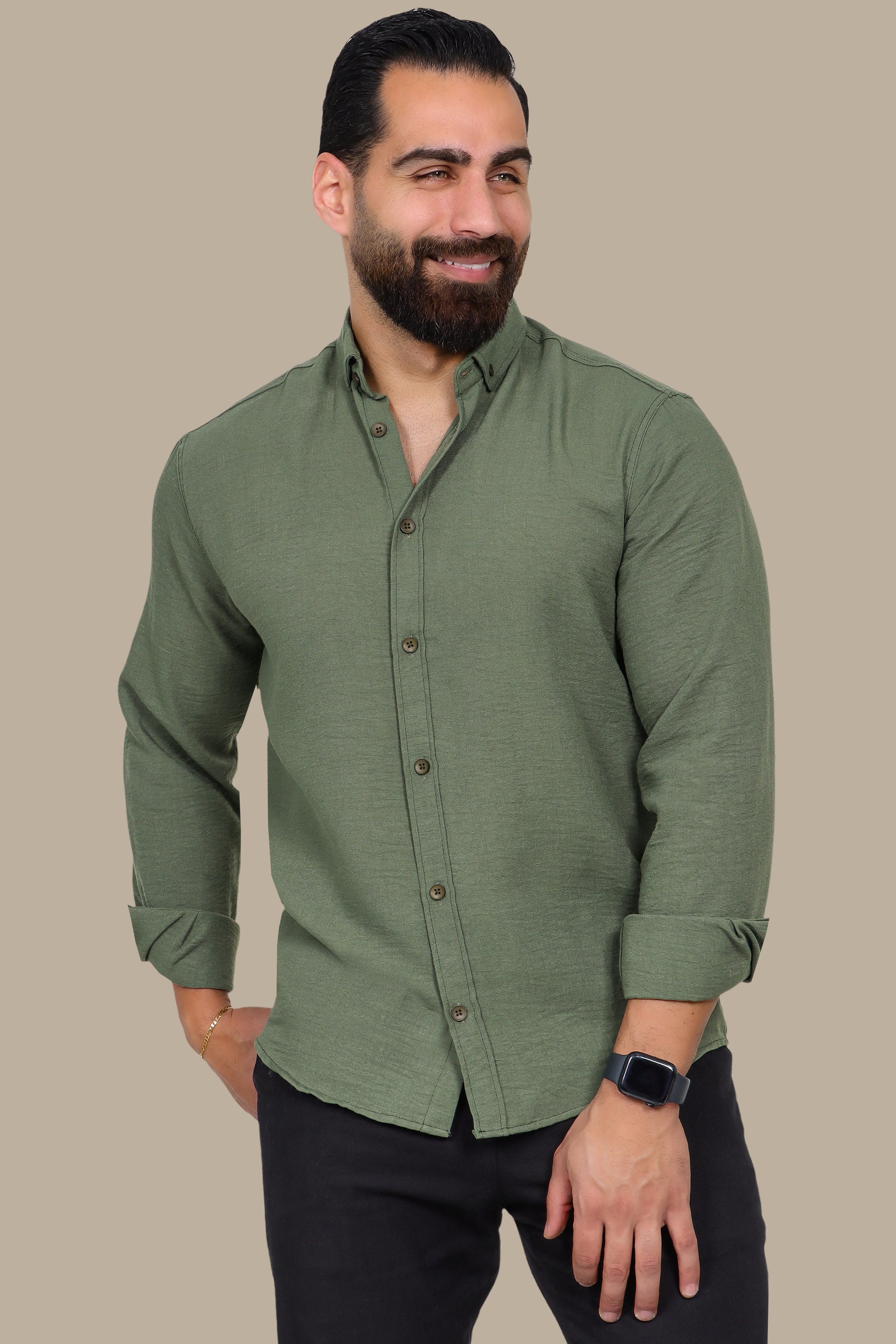 Khaki Linen Aerobin Button-Down Shirt