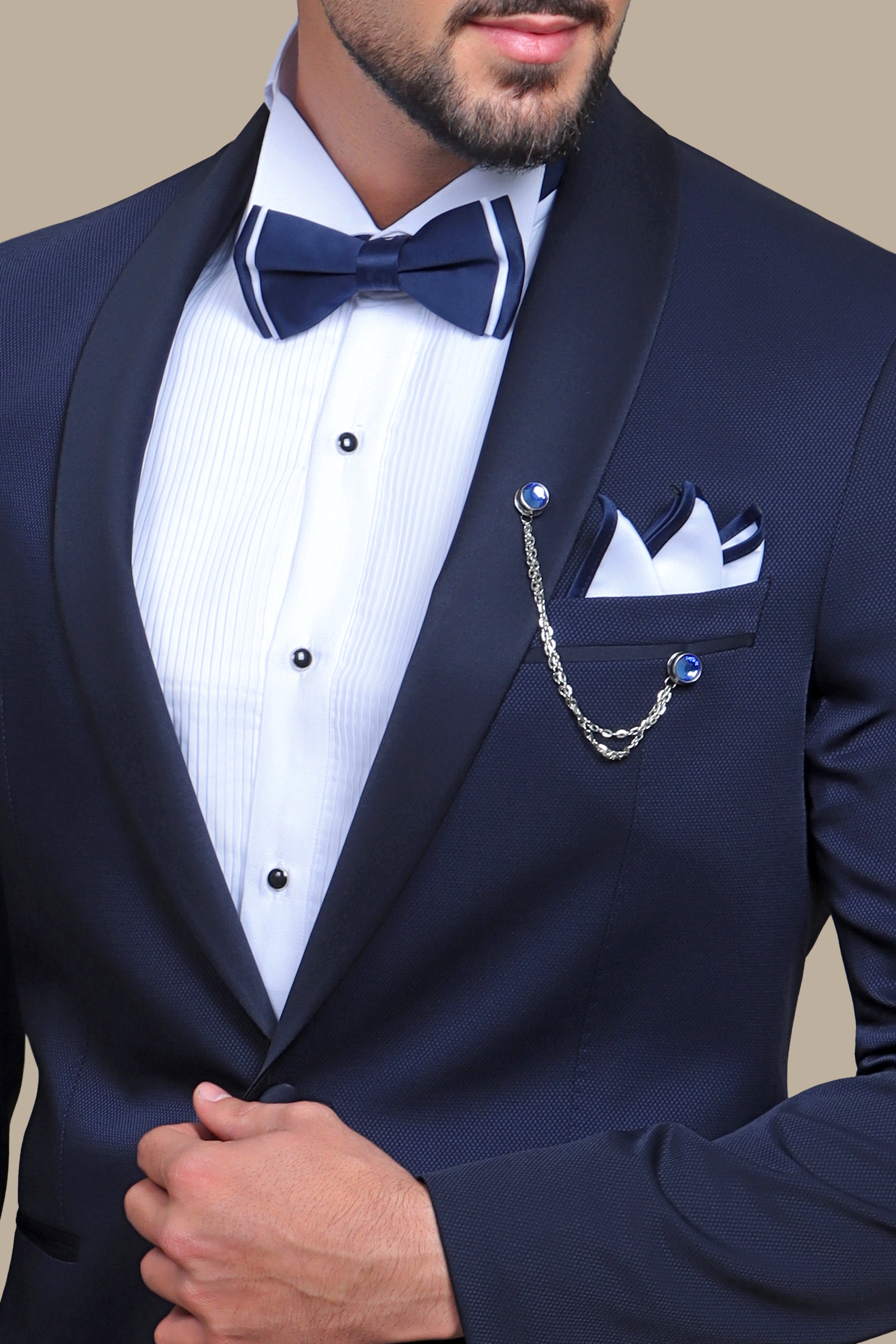 Refined Charm: The Navy Piqué Tuxedo with Shawl Collar