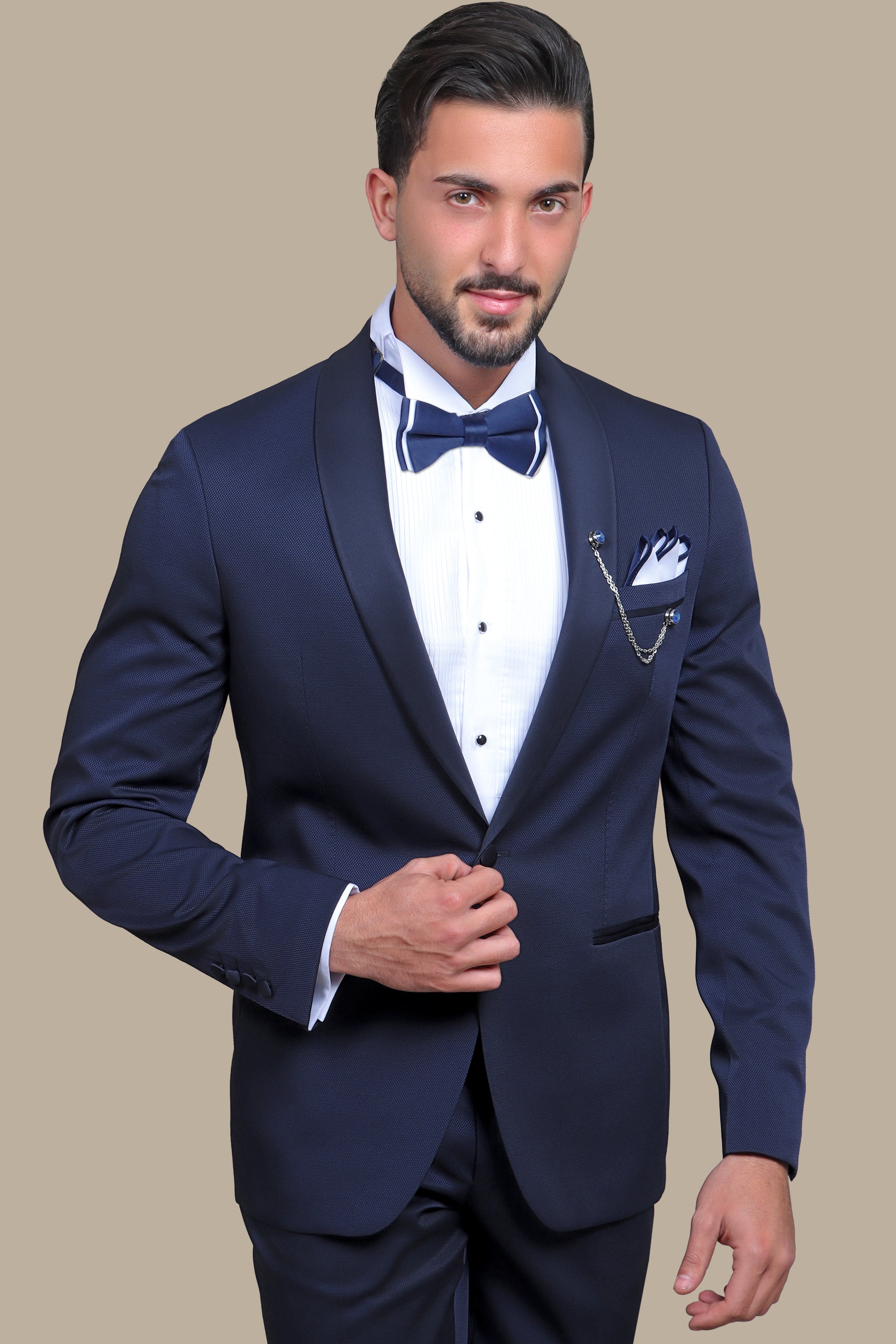 Refined Charm: The Navy Piqué Tuxedo with Shawl Collar