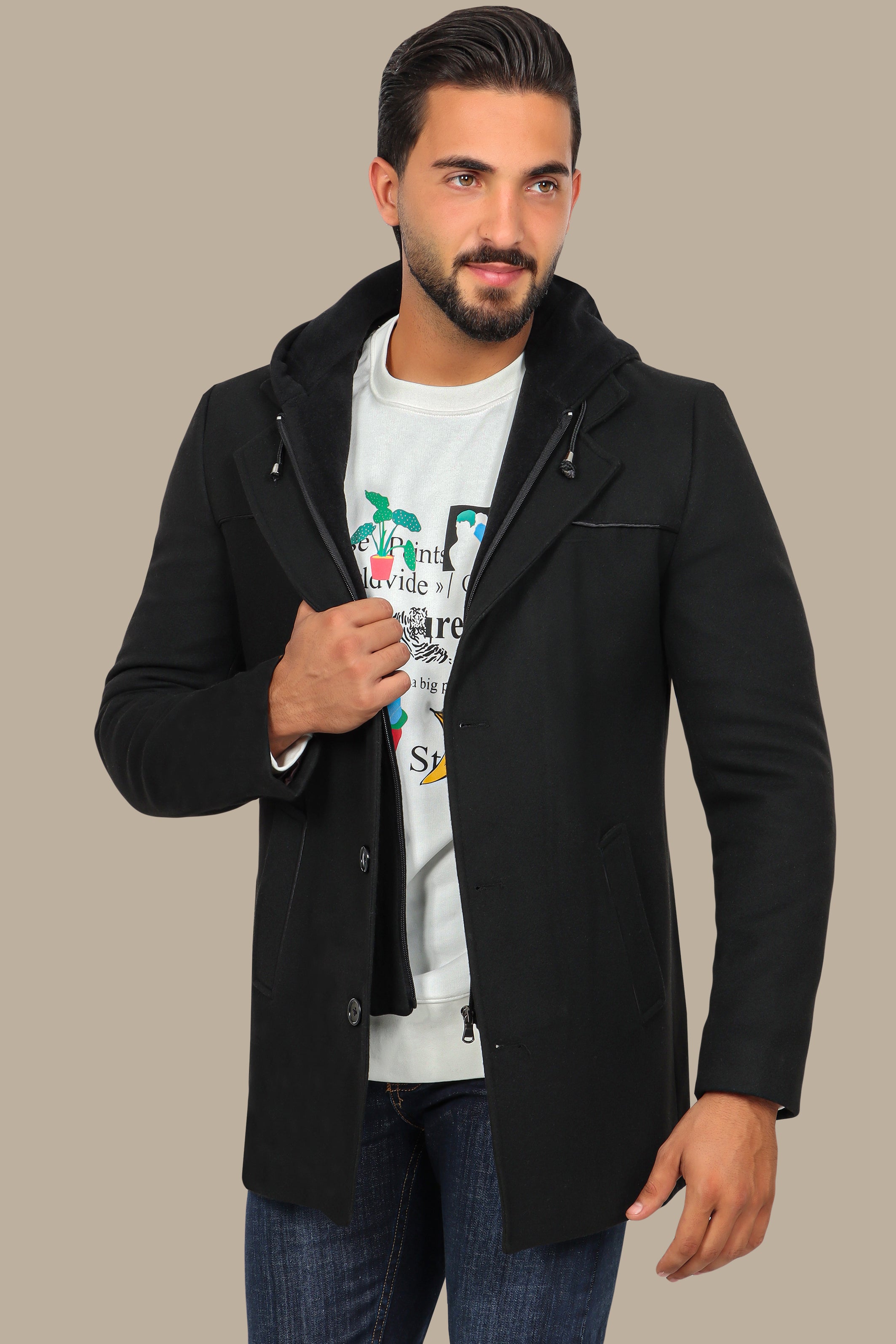 Black Coat Hoodie with Detachable Design