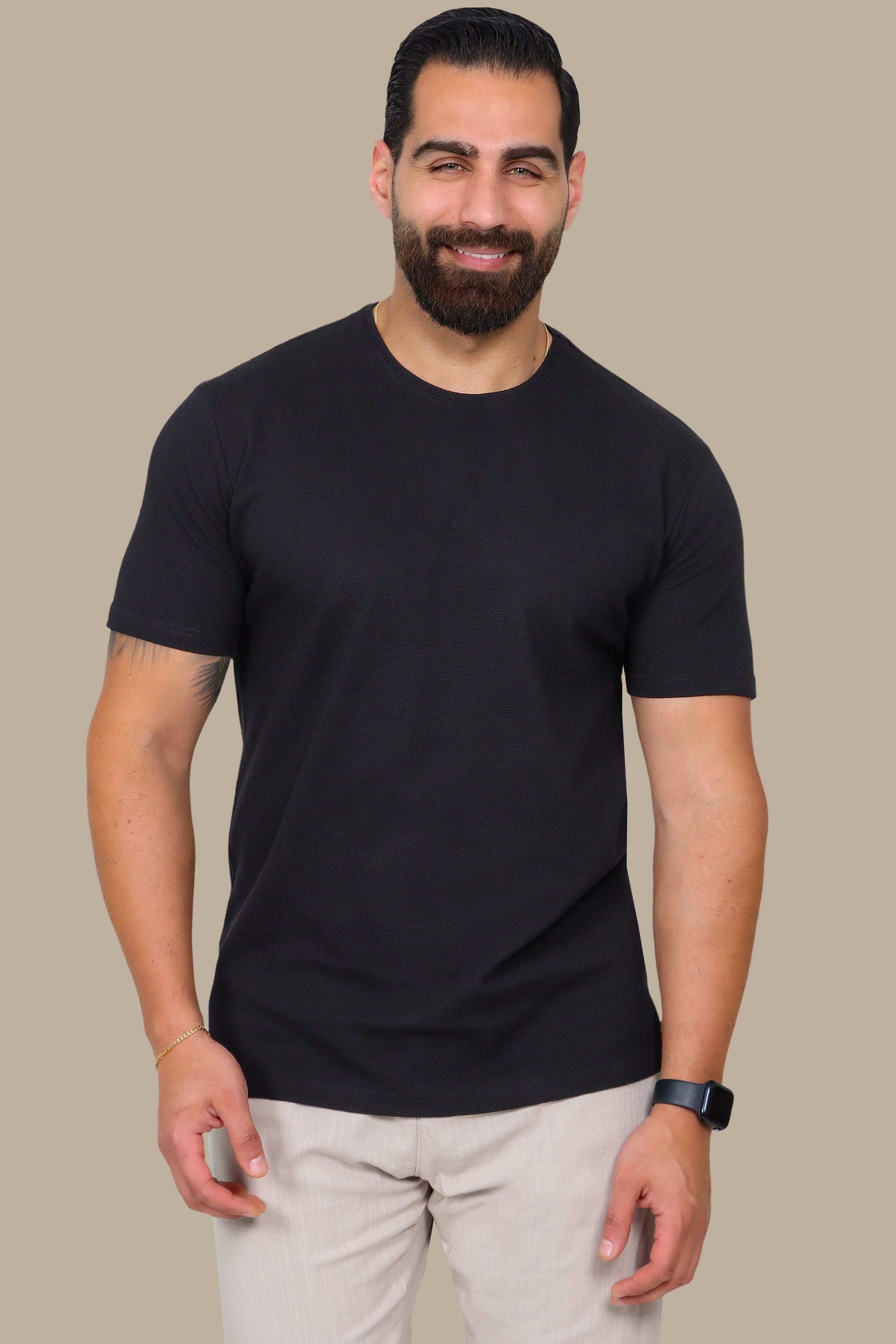 Black T-Shirt with Bubble Pattern and Round Neck