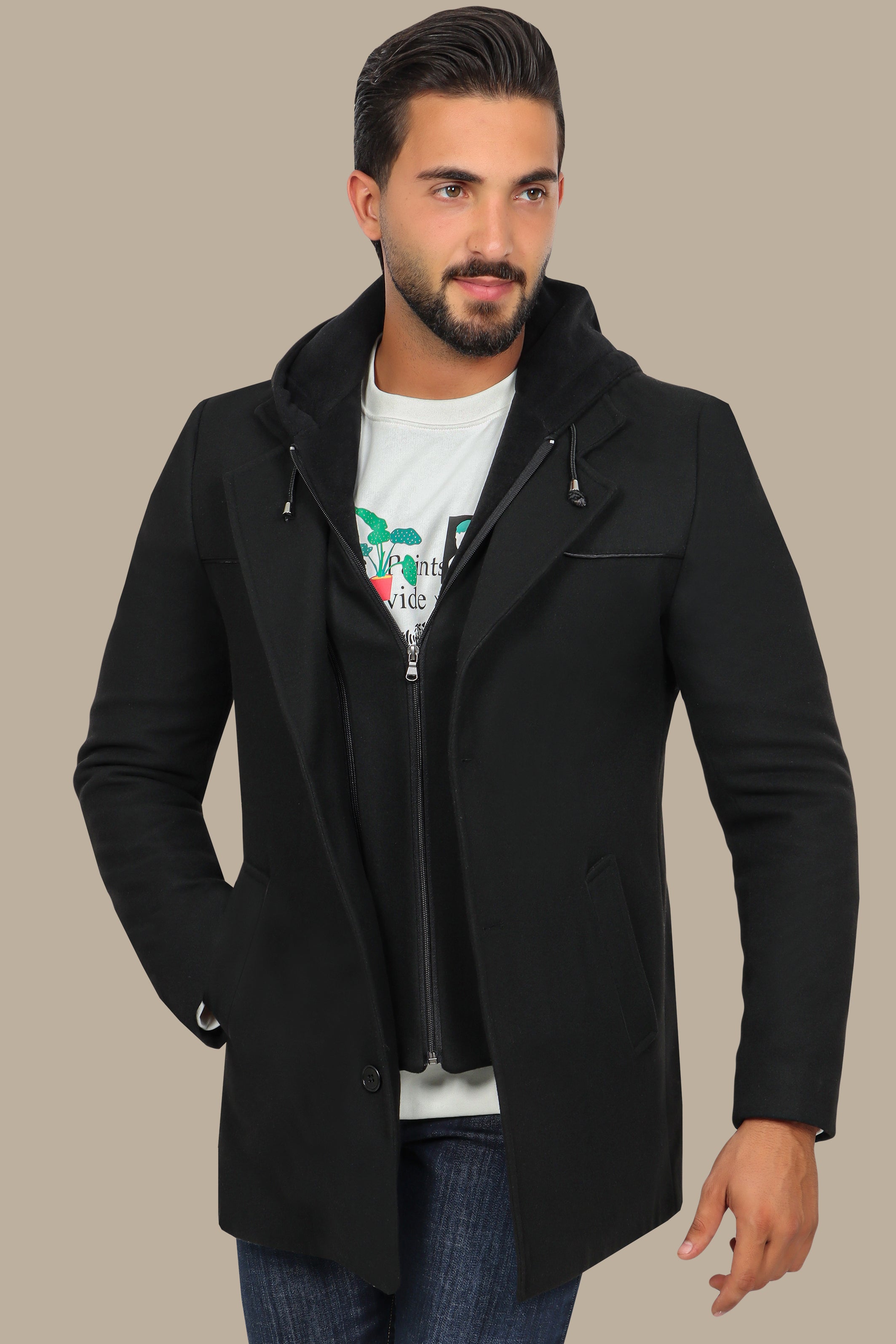 Black Coat Hoodie with Detachable Design