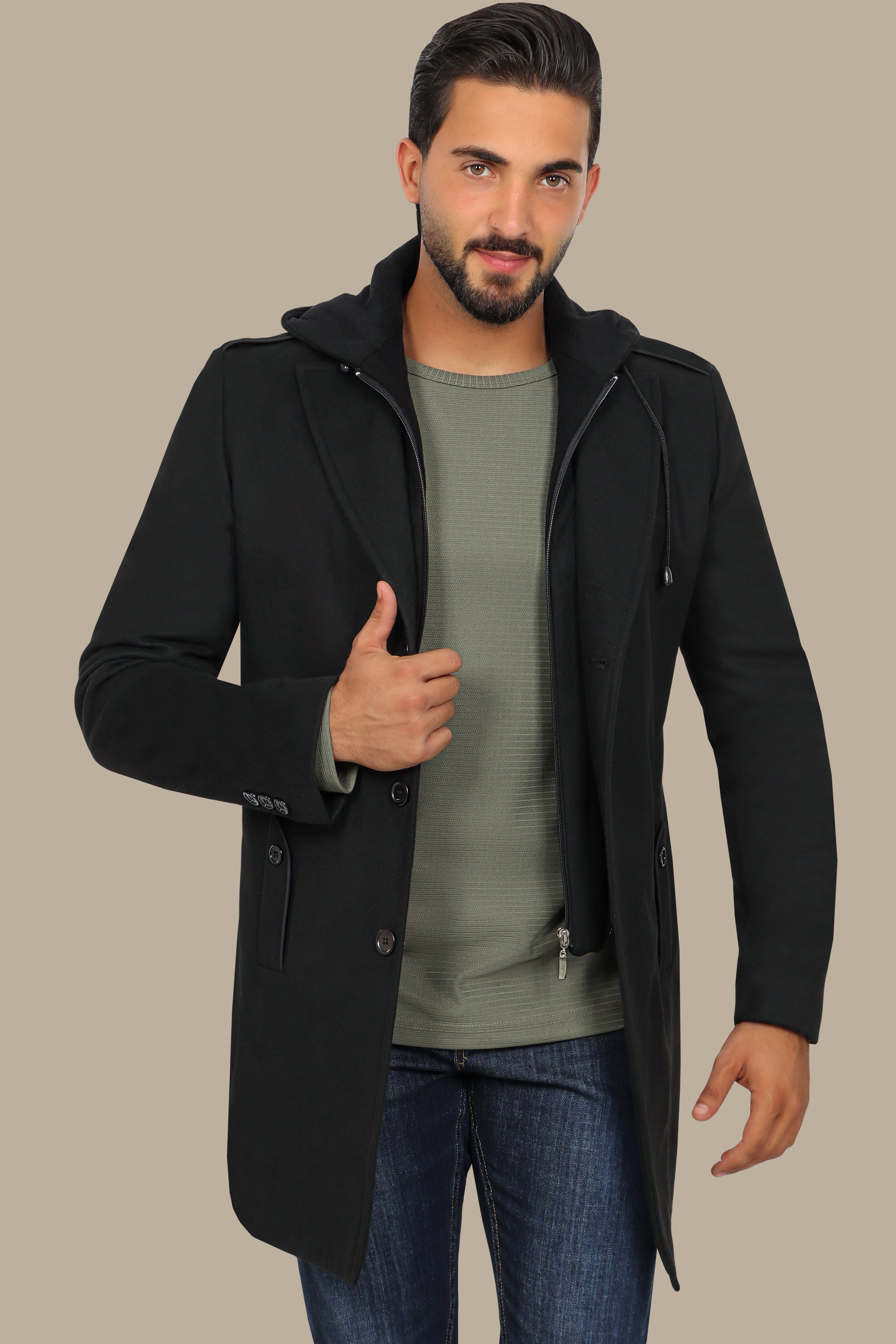 Black Hooded Military Coat