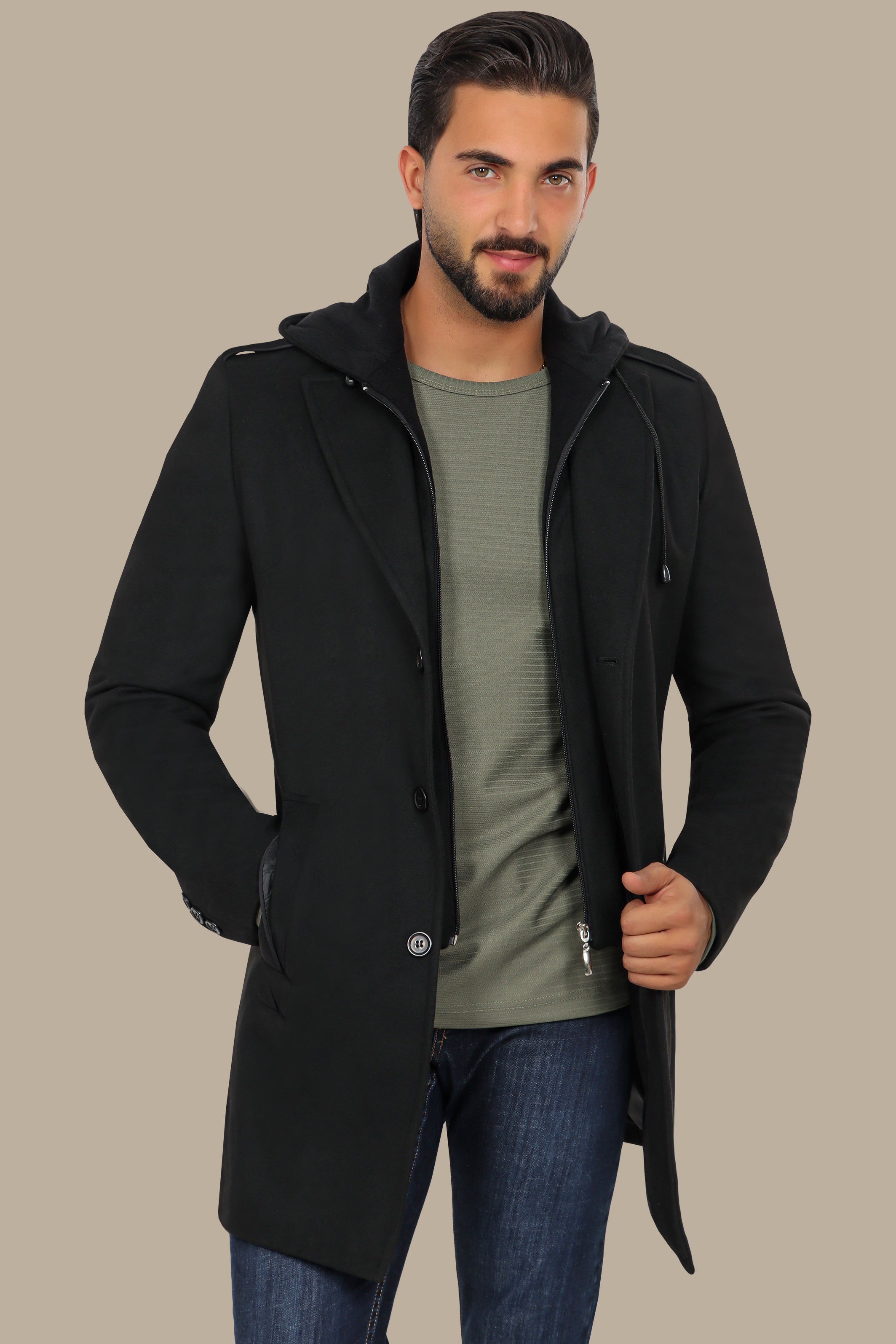 Black Hooded Military Coat