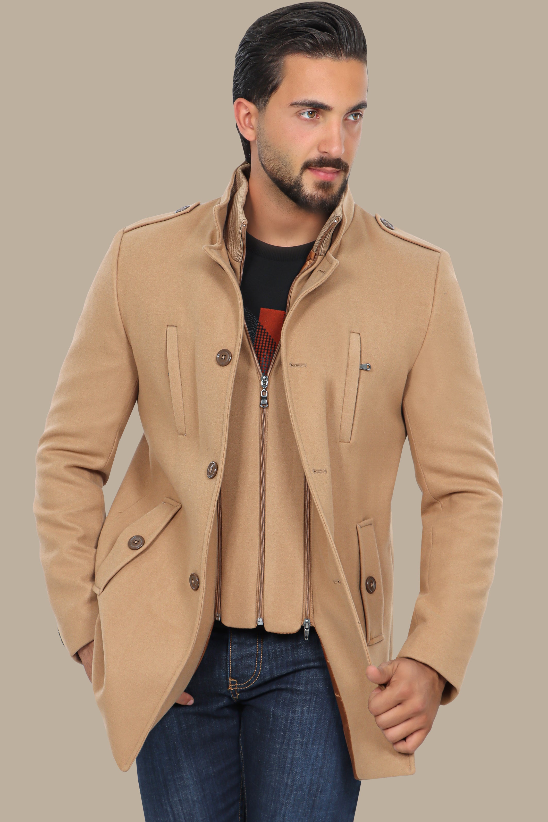 Beige Coat with Detachable Mao Collar