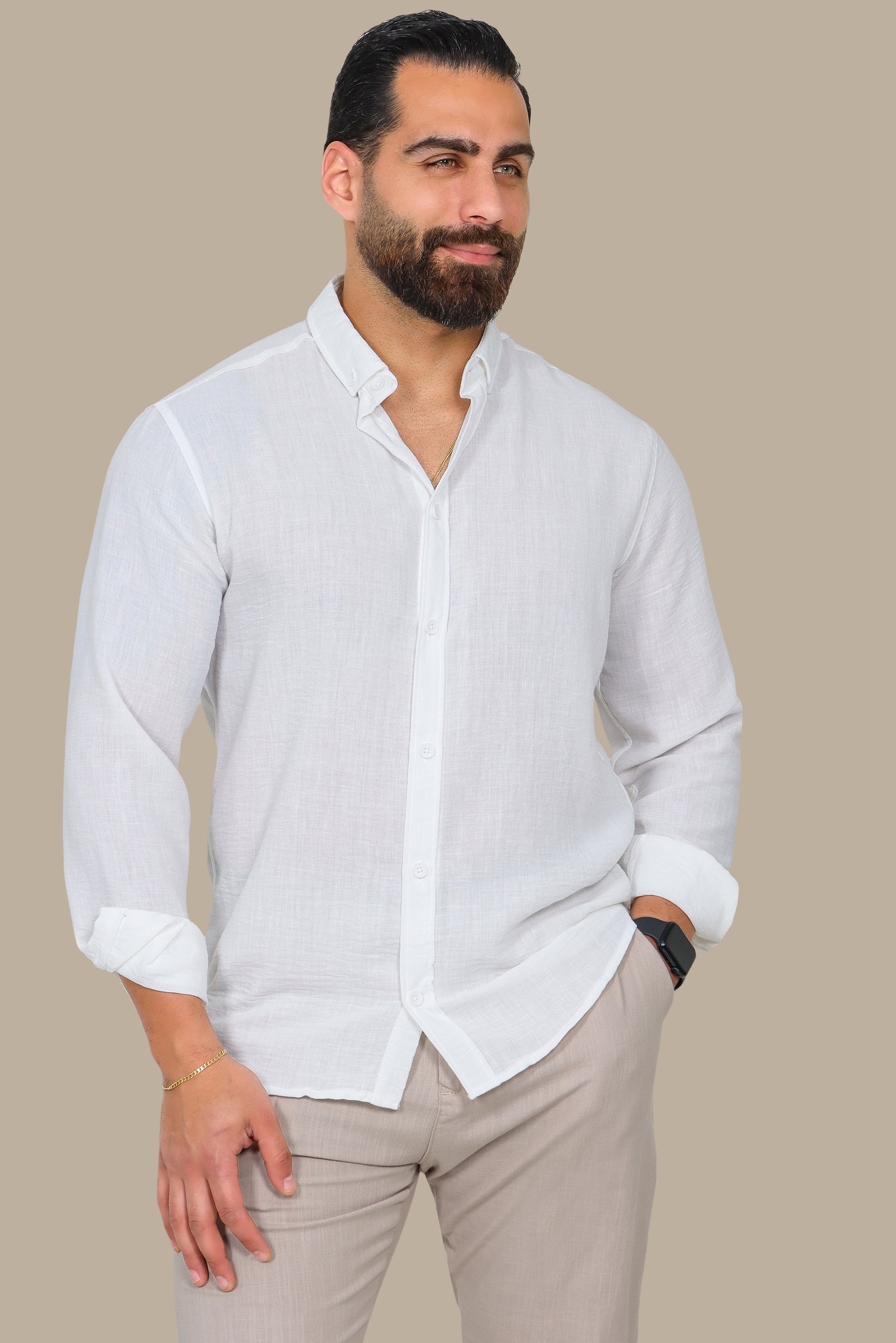 White Linen Aerobin Button-Down Shirt