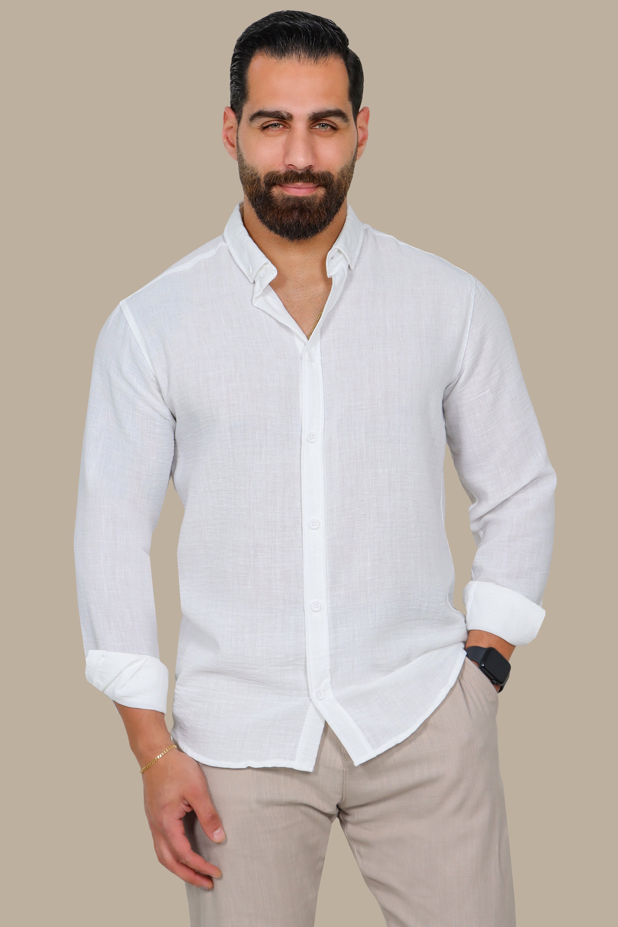 White Linen Aerobin Button-Down Shirt