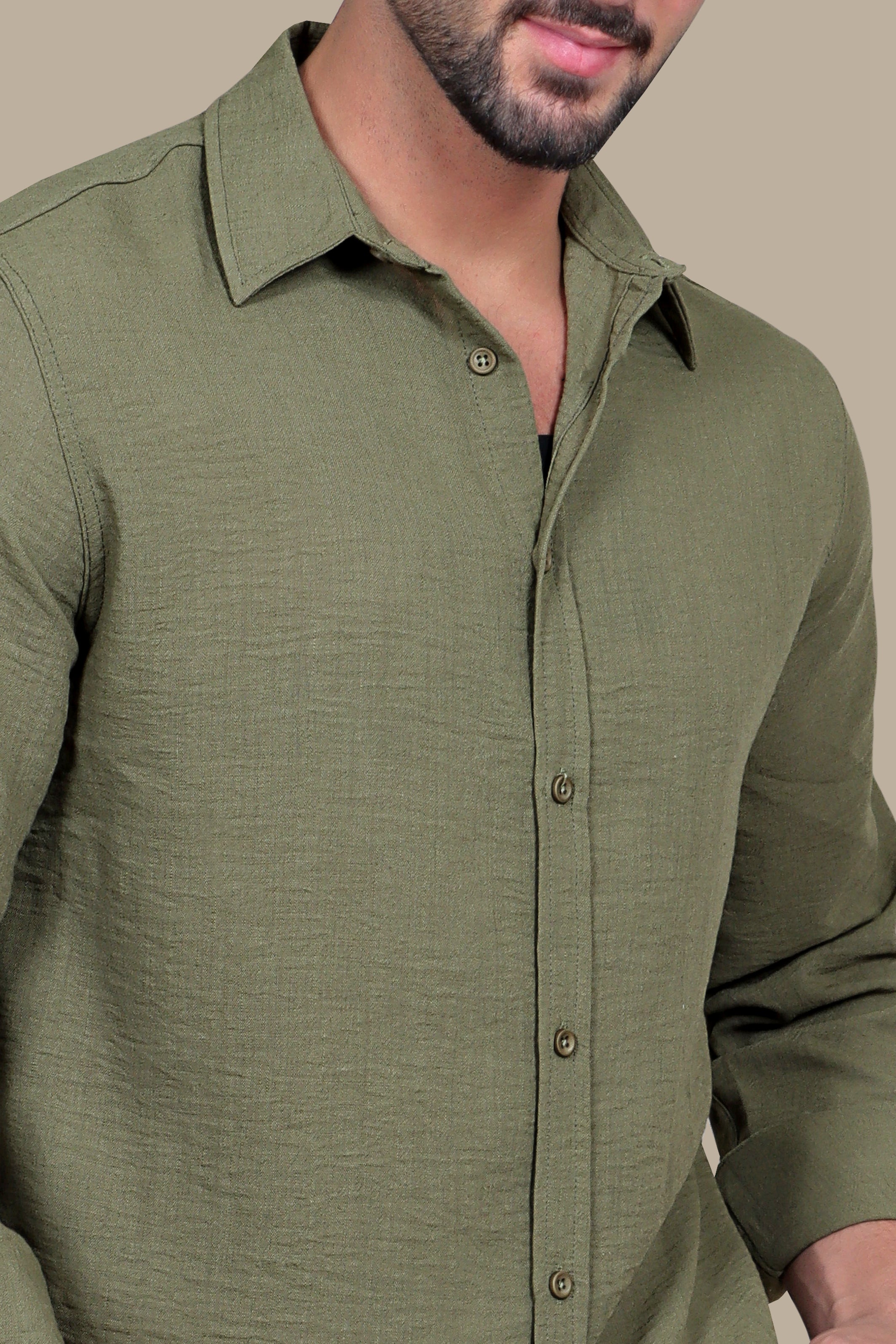 Olive Oasis: Long Sleeve Plain Linen Shirt