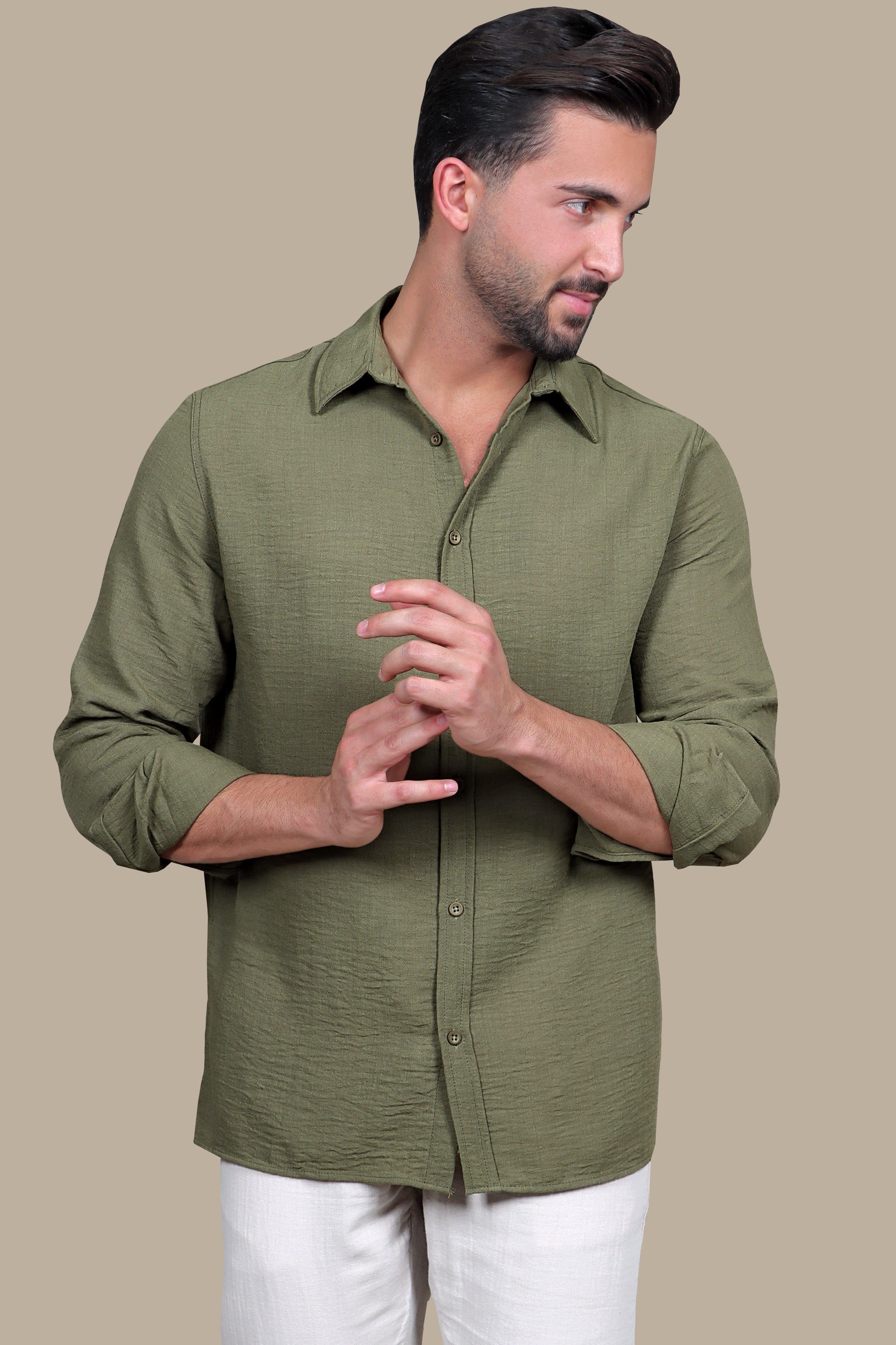 Olive Oasis: Long Sleeve Plain Linen Shirt