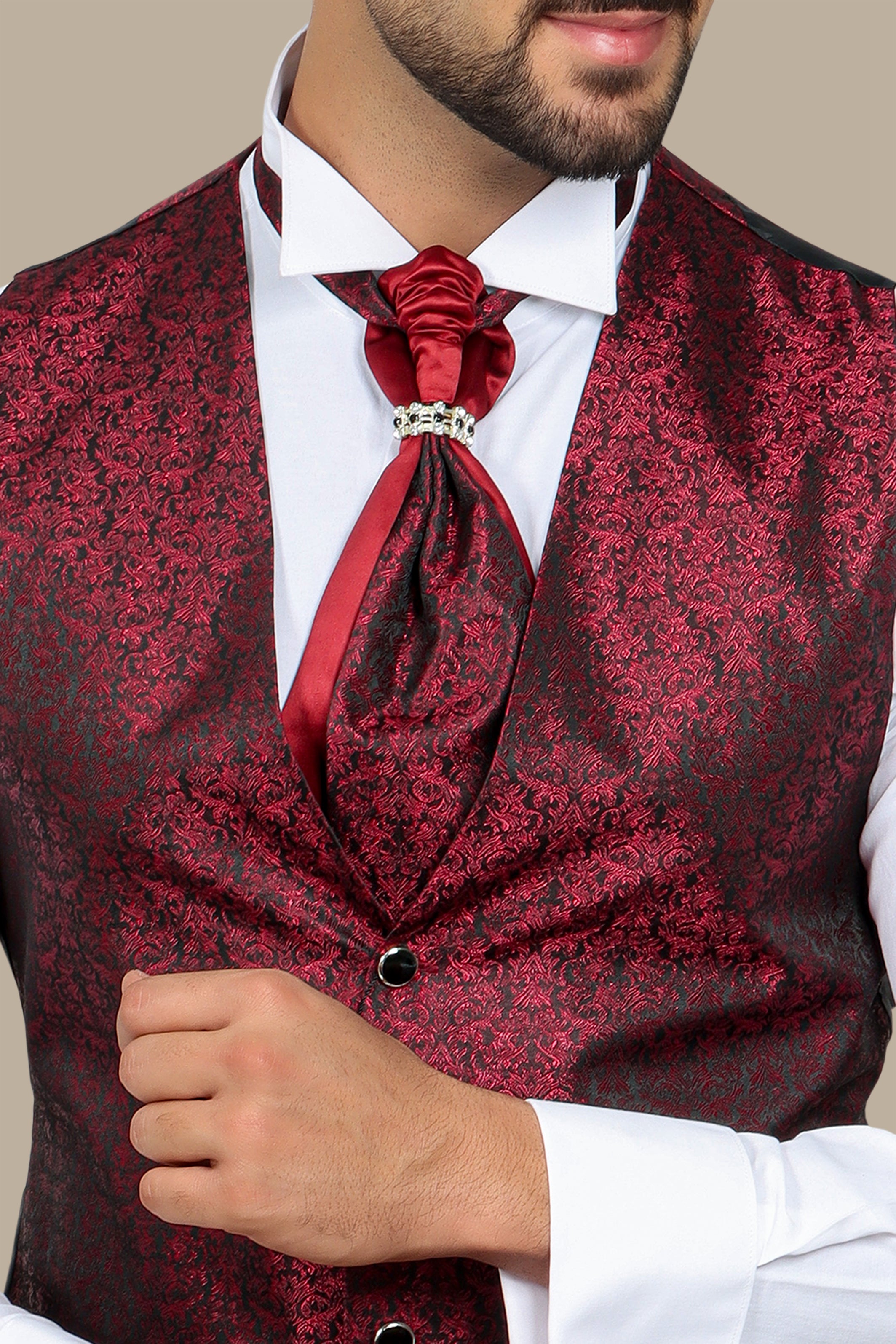 Burgundy Jacquard Vest 2-Piece Set