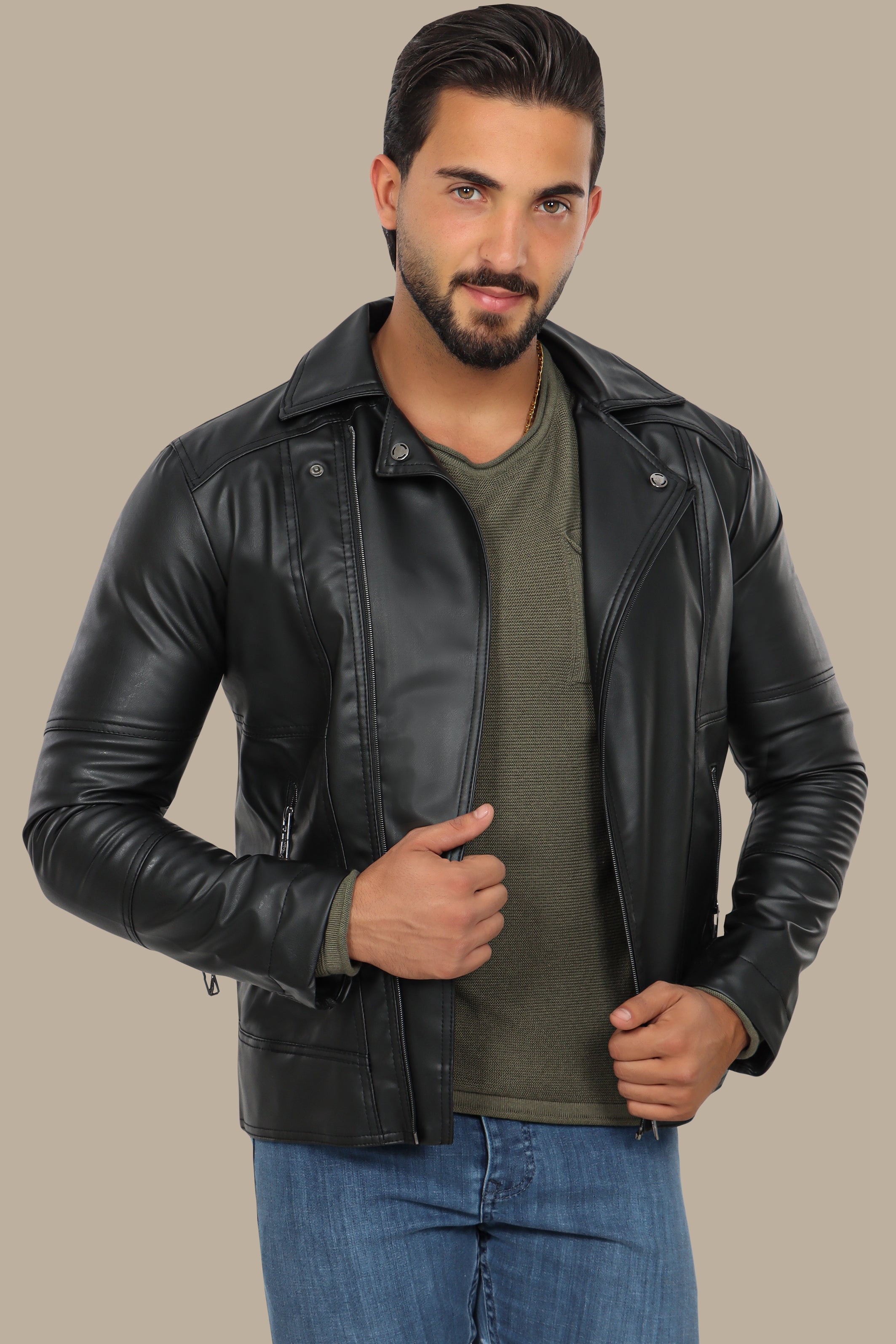 Black Rebel: Faux Leather Biker Jacket with Wide Collar