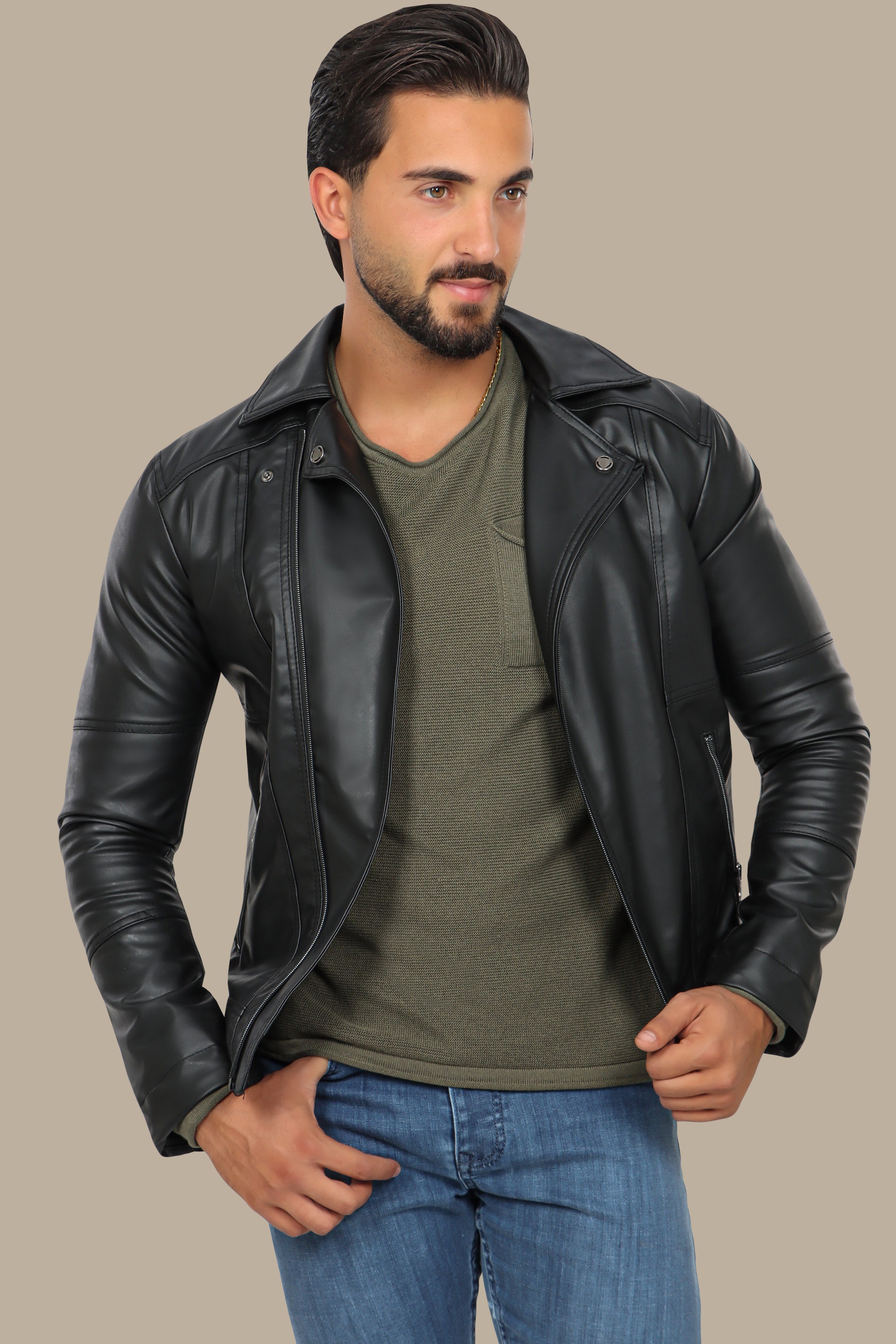 Black Rebel: Faux Leather Biker Jacket with Wide Collar