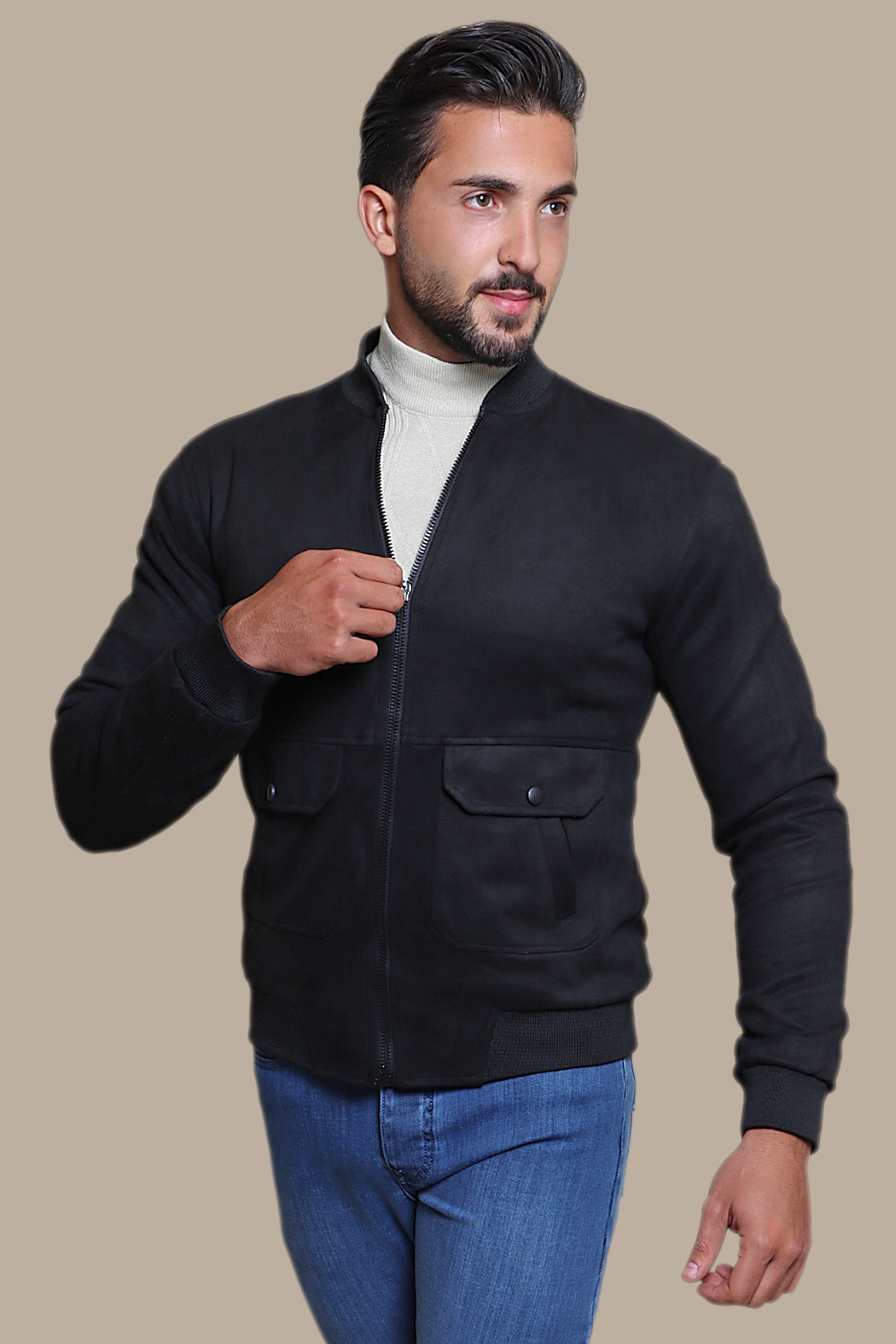 Faux Suede Blouson Jacket with Mao Collar