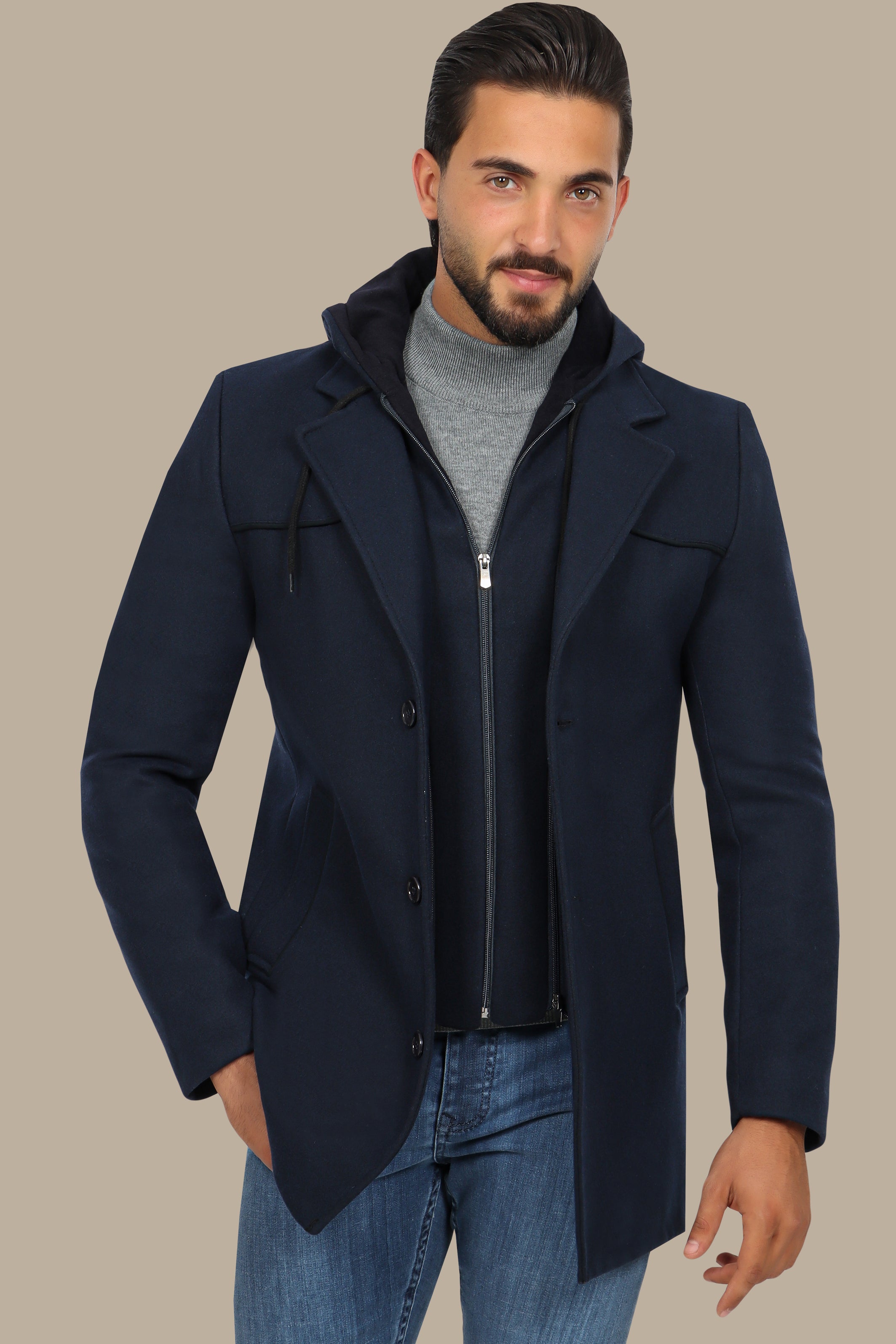 Navy Coat with Detachable Hoodie