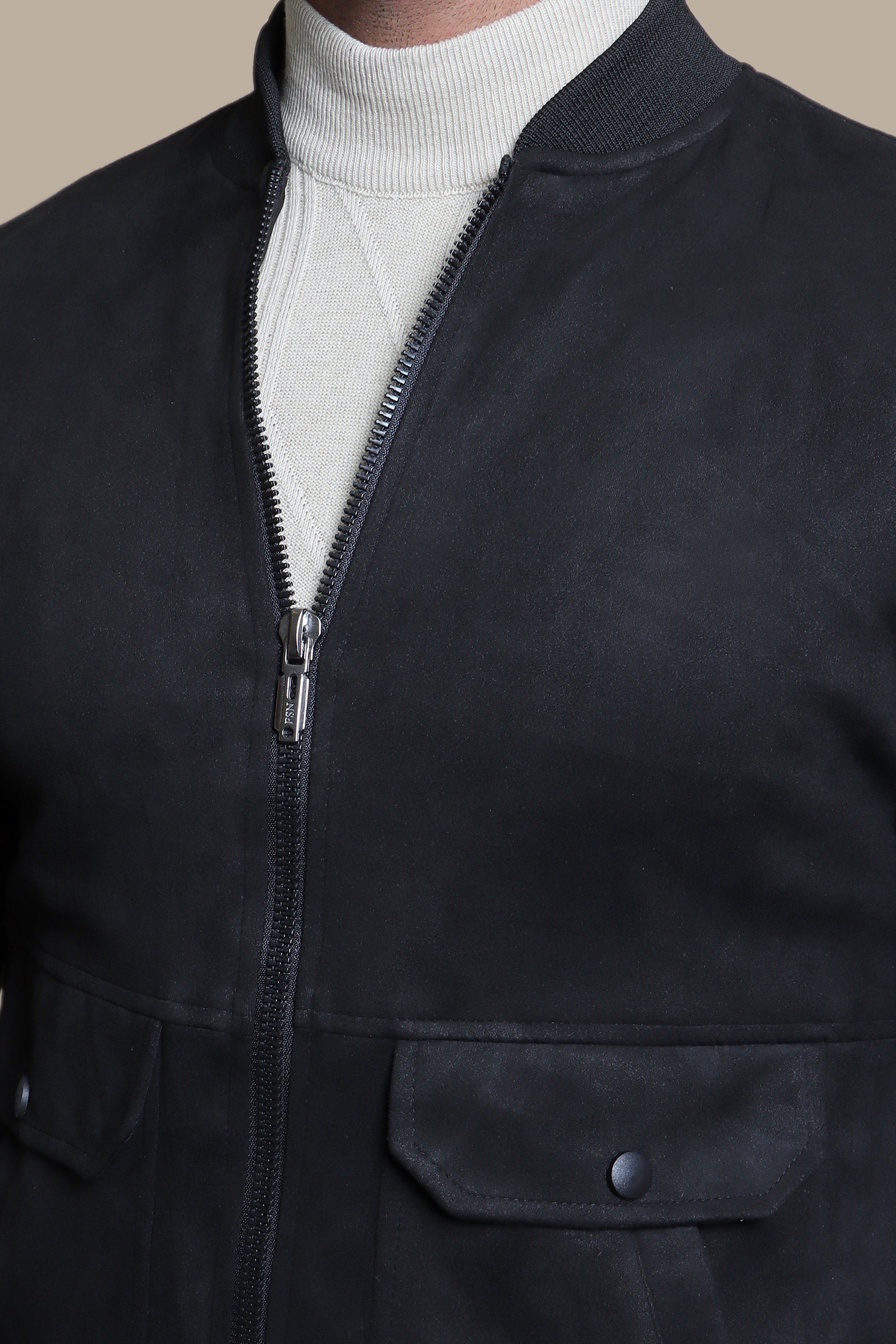 Faux Suede Blouson Jacket with Mao Collar