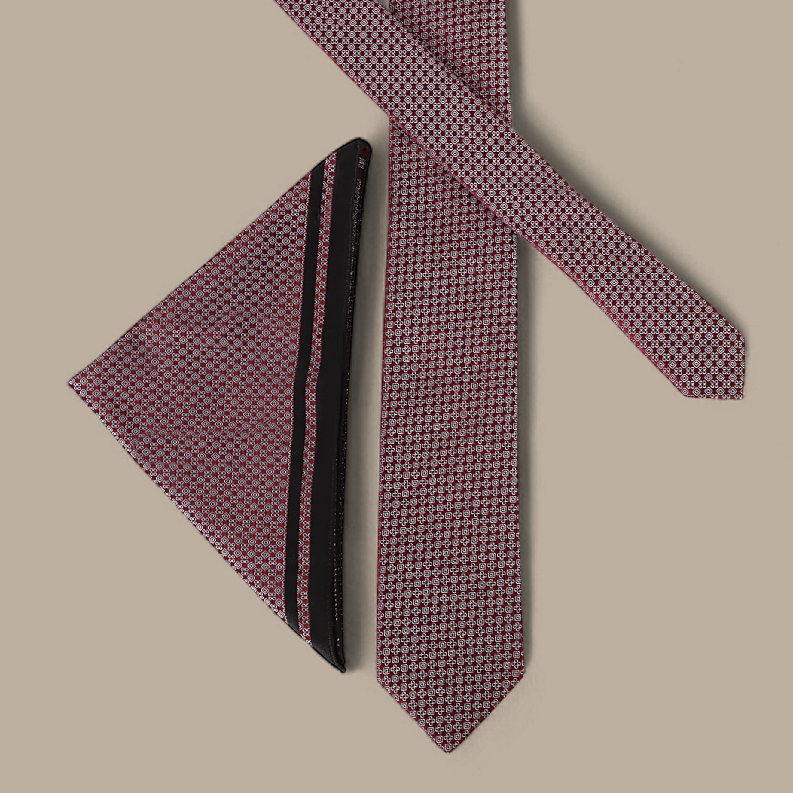 Burgundy Tie Set with Floral and Square Patterns