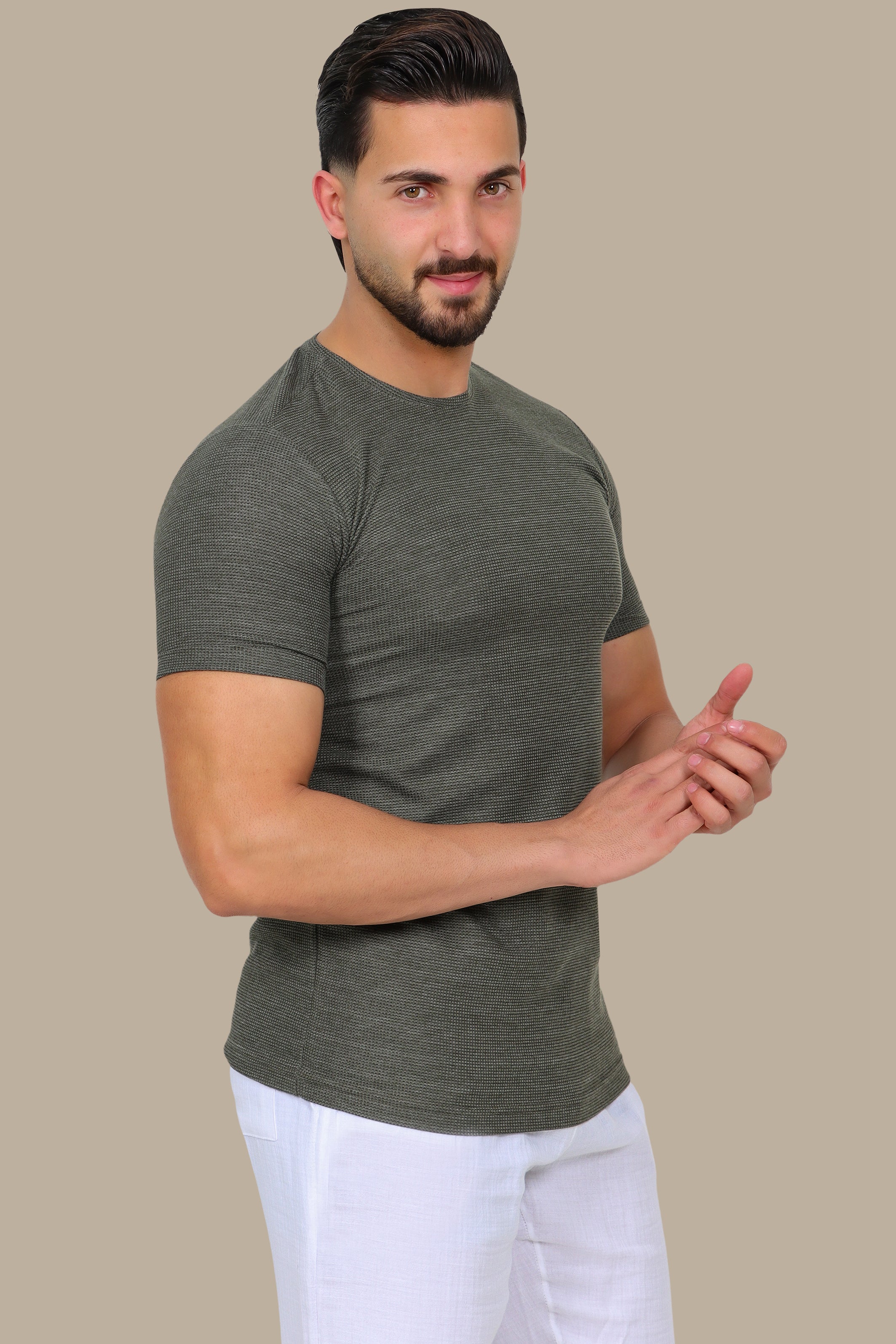 Khaki Textured Round Neck T-Shirt