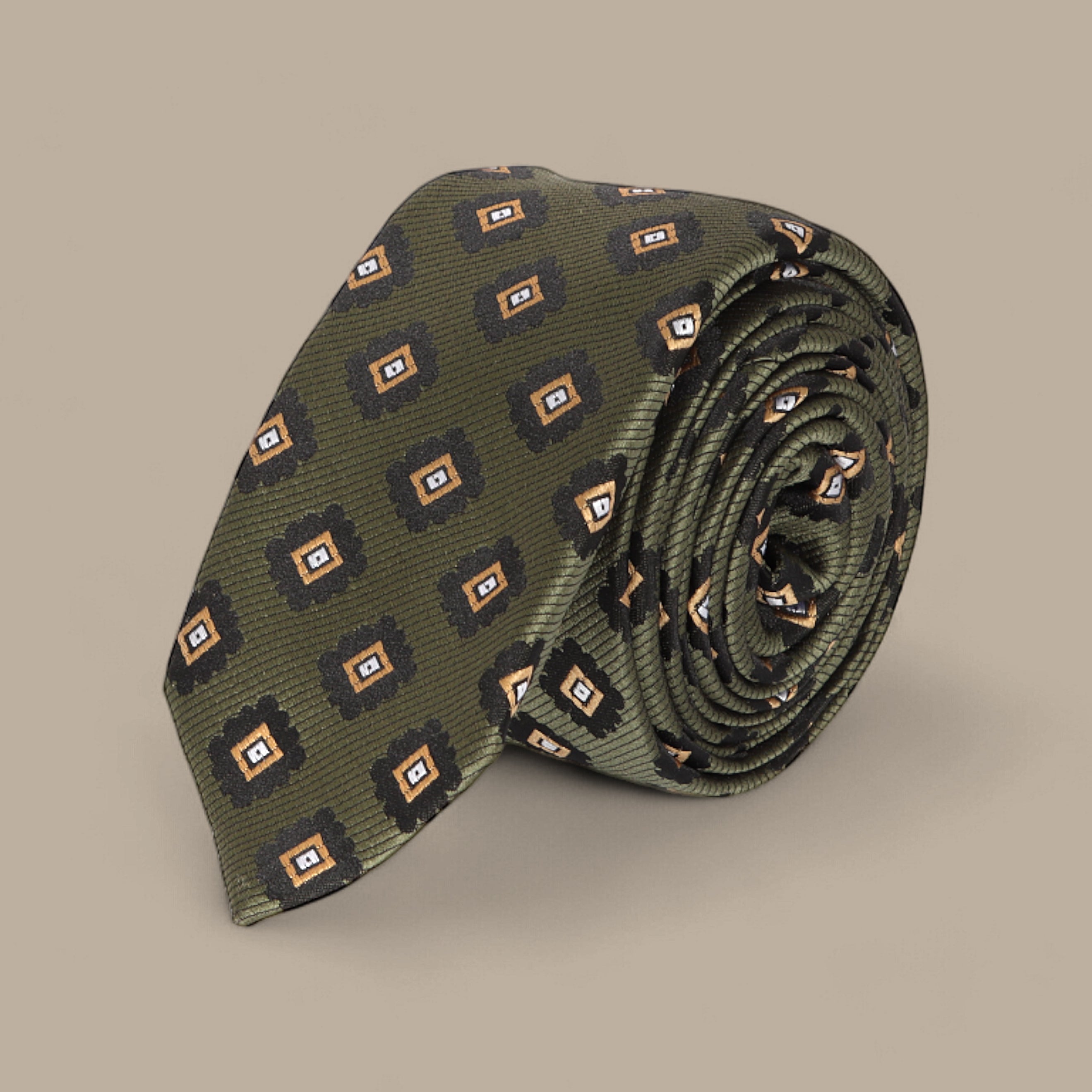 Olive Tie Set with Big Diamond Pattern