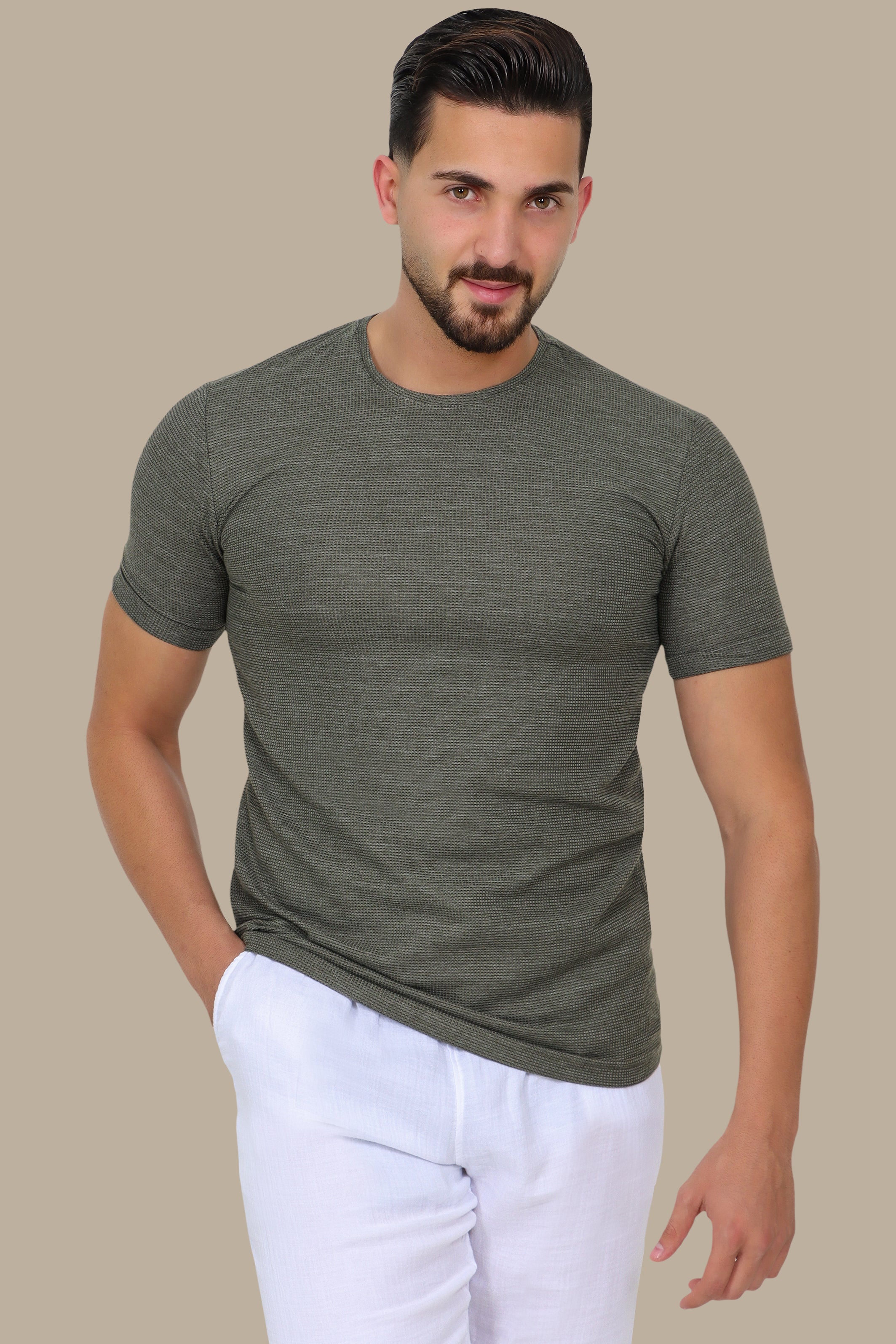 Khaki Textured Round Neck T-Shirt
