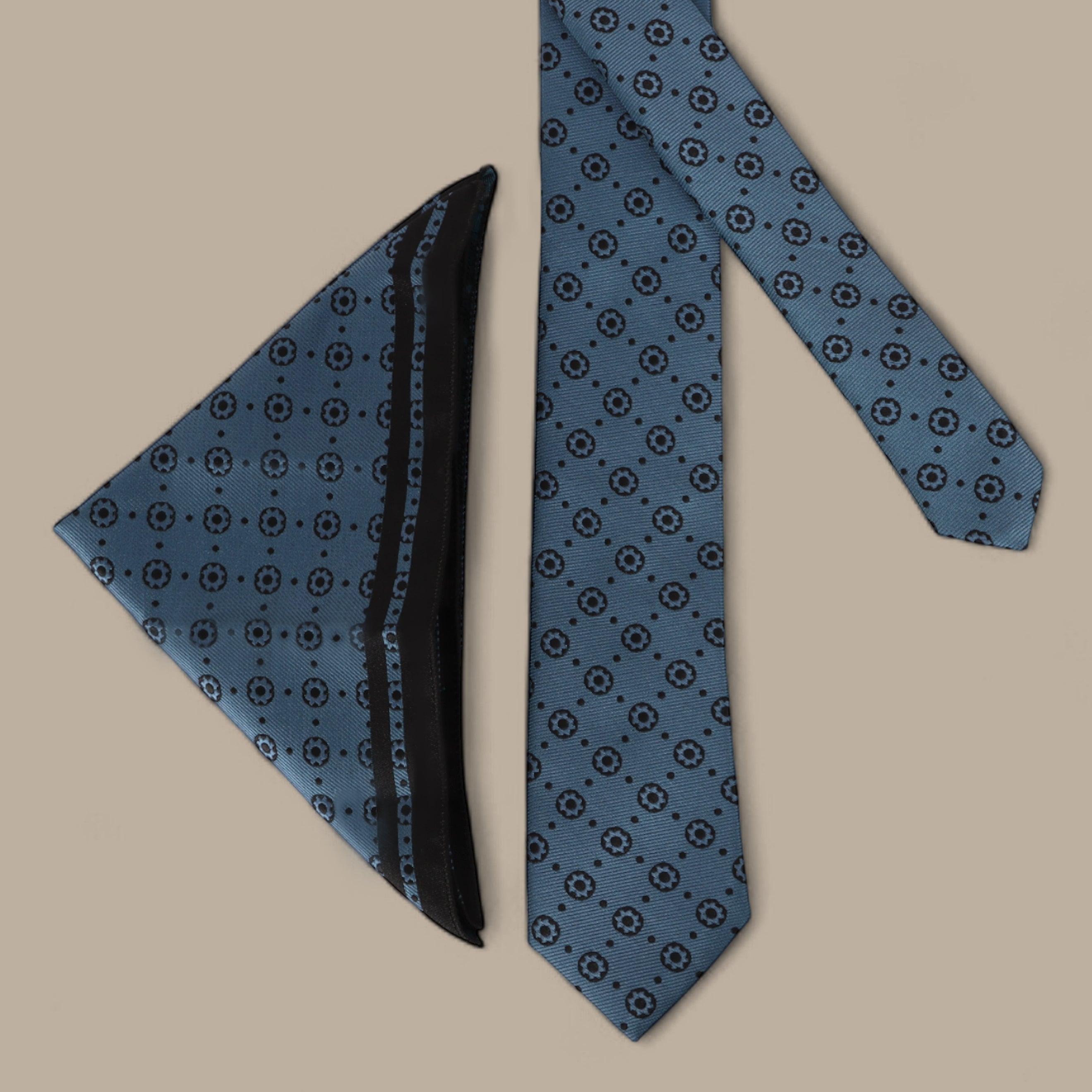 Blue Tie Set with Navy Circle and Floral Patterns