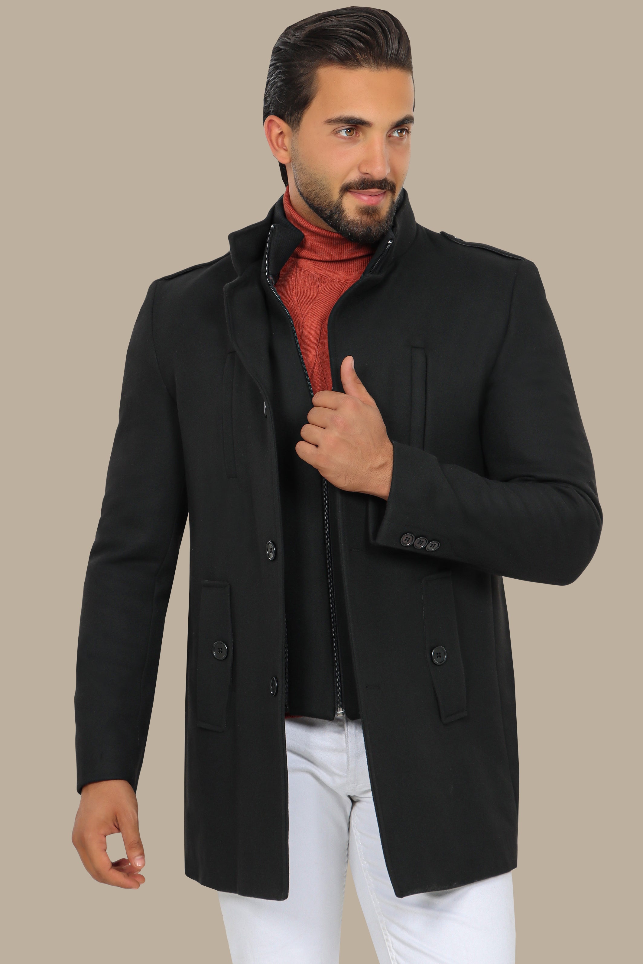 Black Coat with Detachable Mao Collar