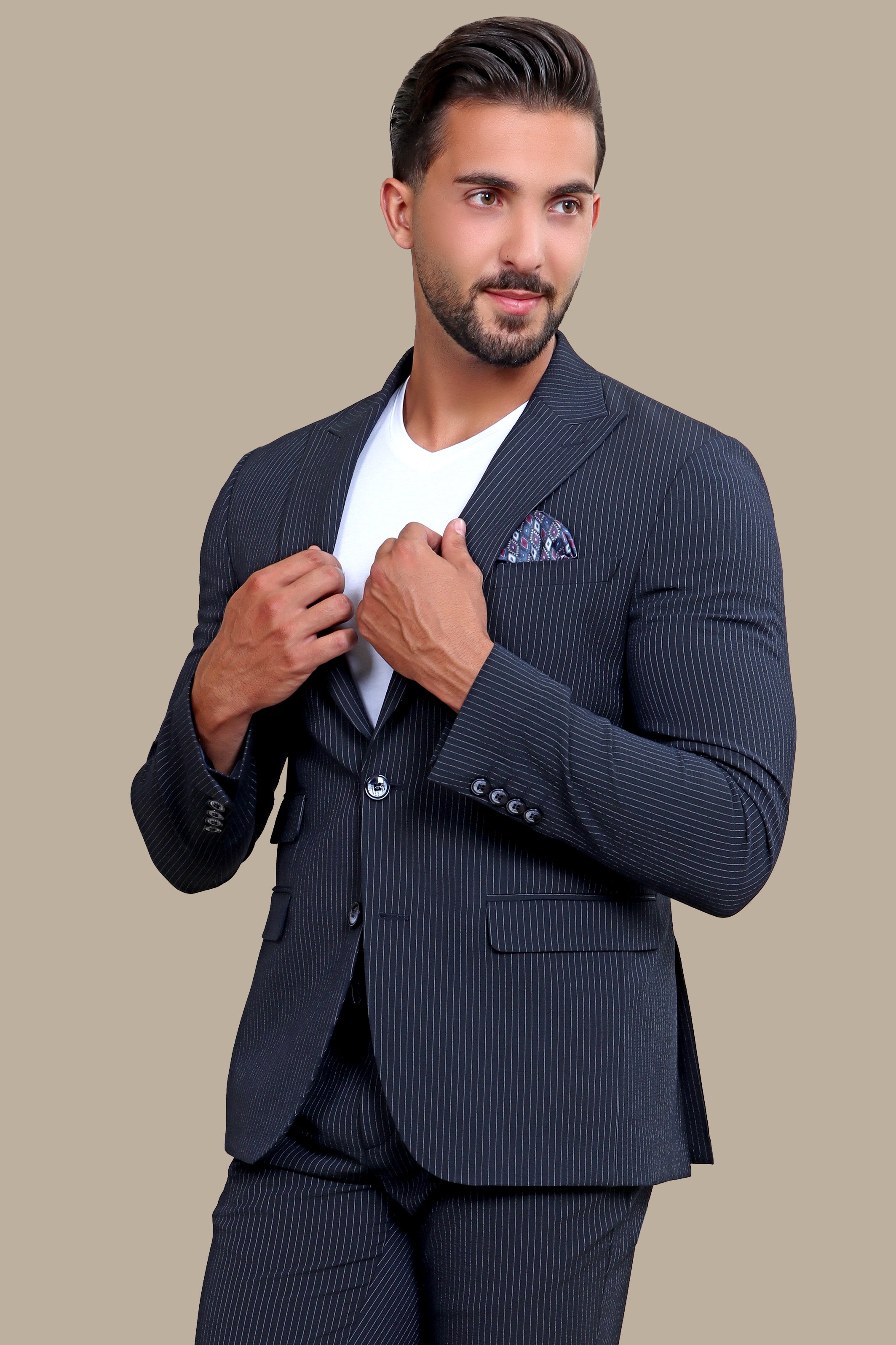 Nautical Elegance Travel Suit: Navy Stripe Edition