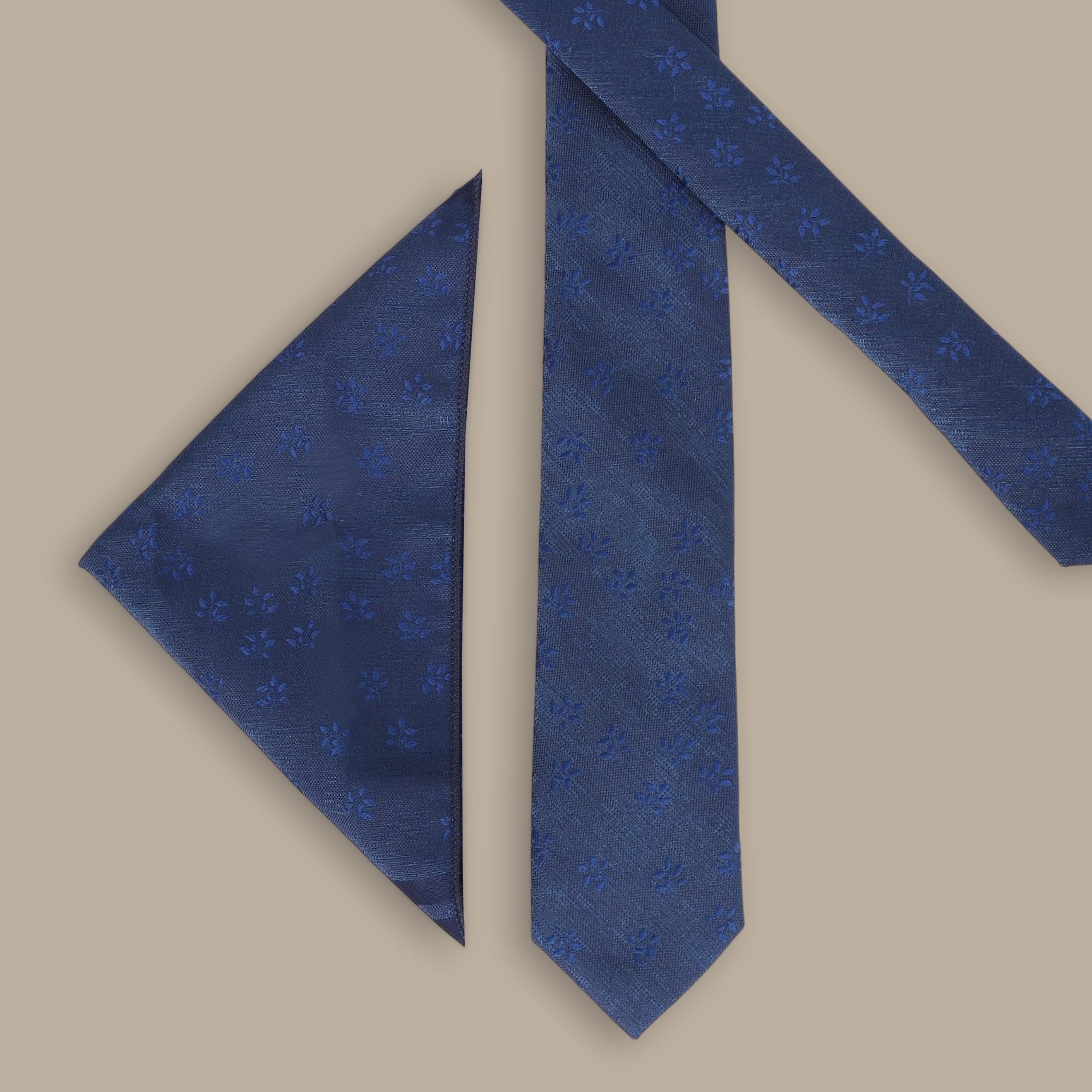 Dark Blue Tie Set with Brocade Floral Print