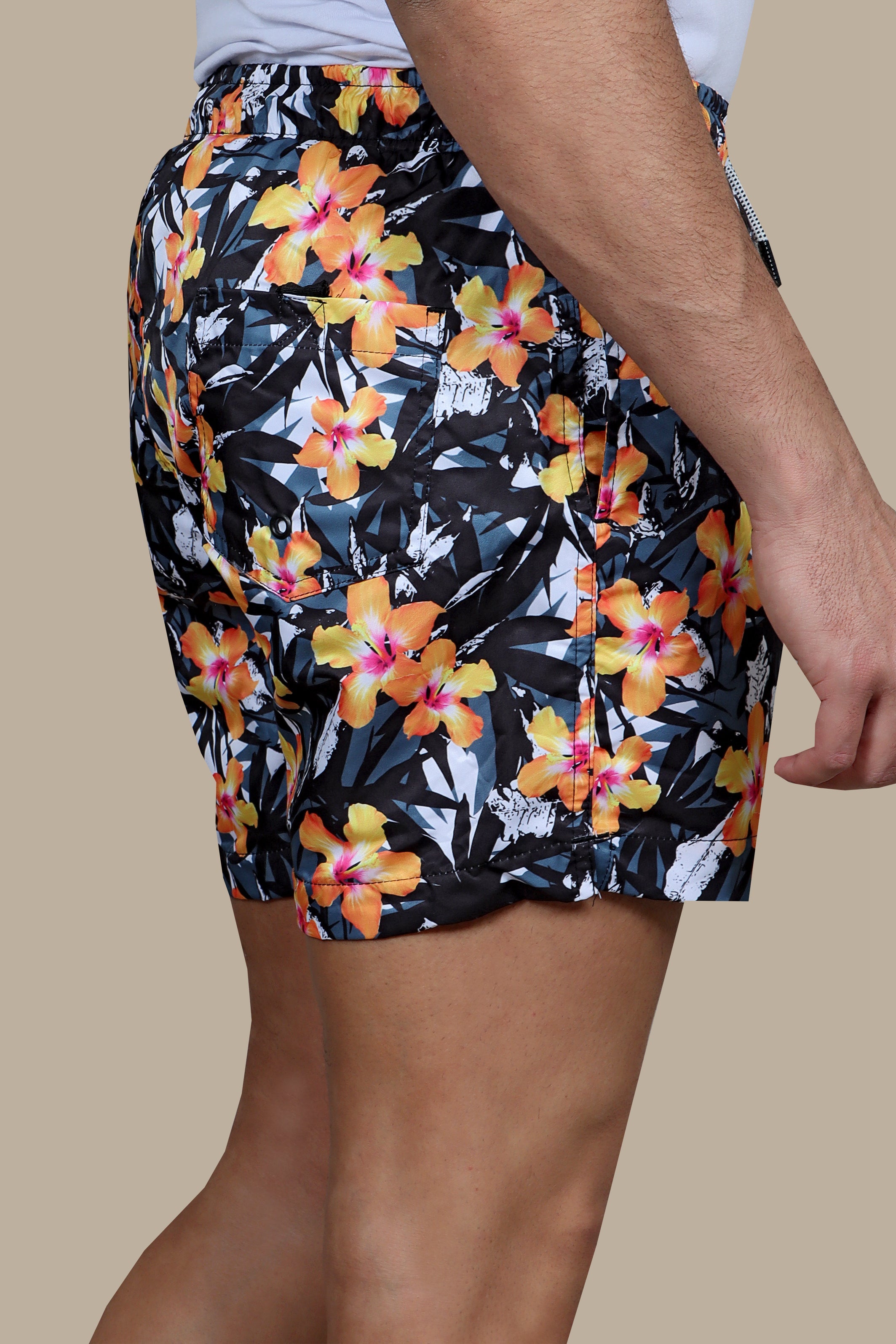 Midnight Garden: Black Flower & Leaves Print Swimwear