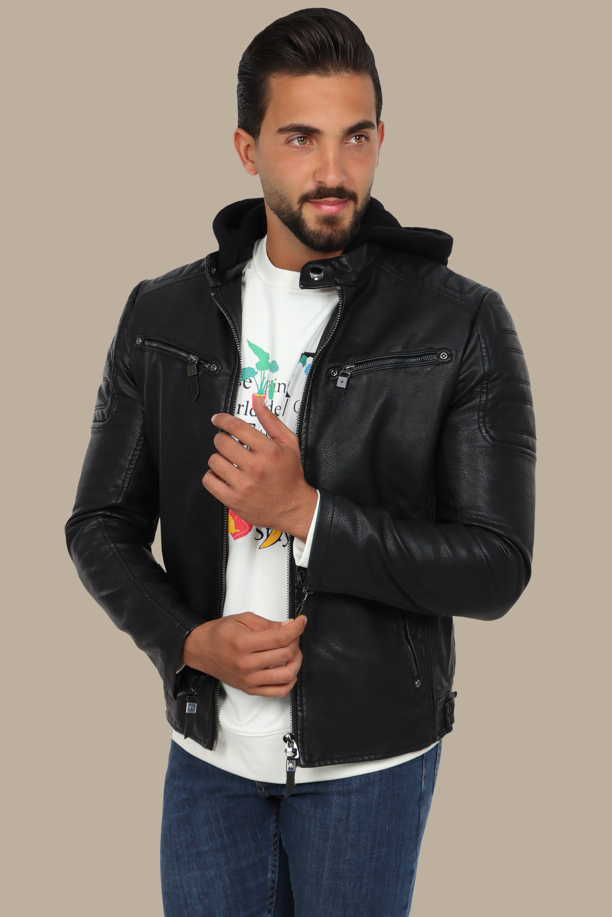 Black Faux Leather Rider Jacket with Detachable Hoodie