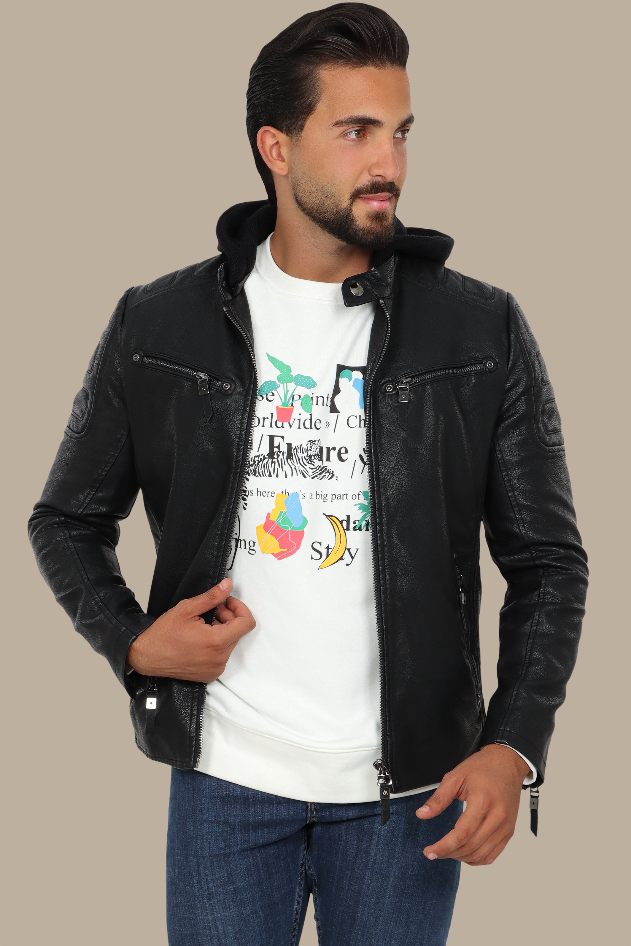 Black Faux Leather Rider Jacket with Detachable Hoodie