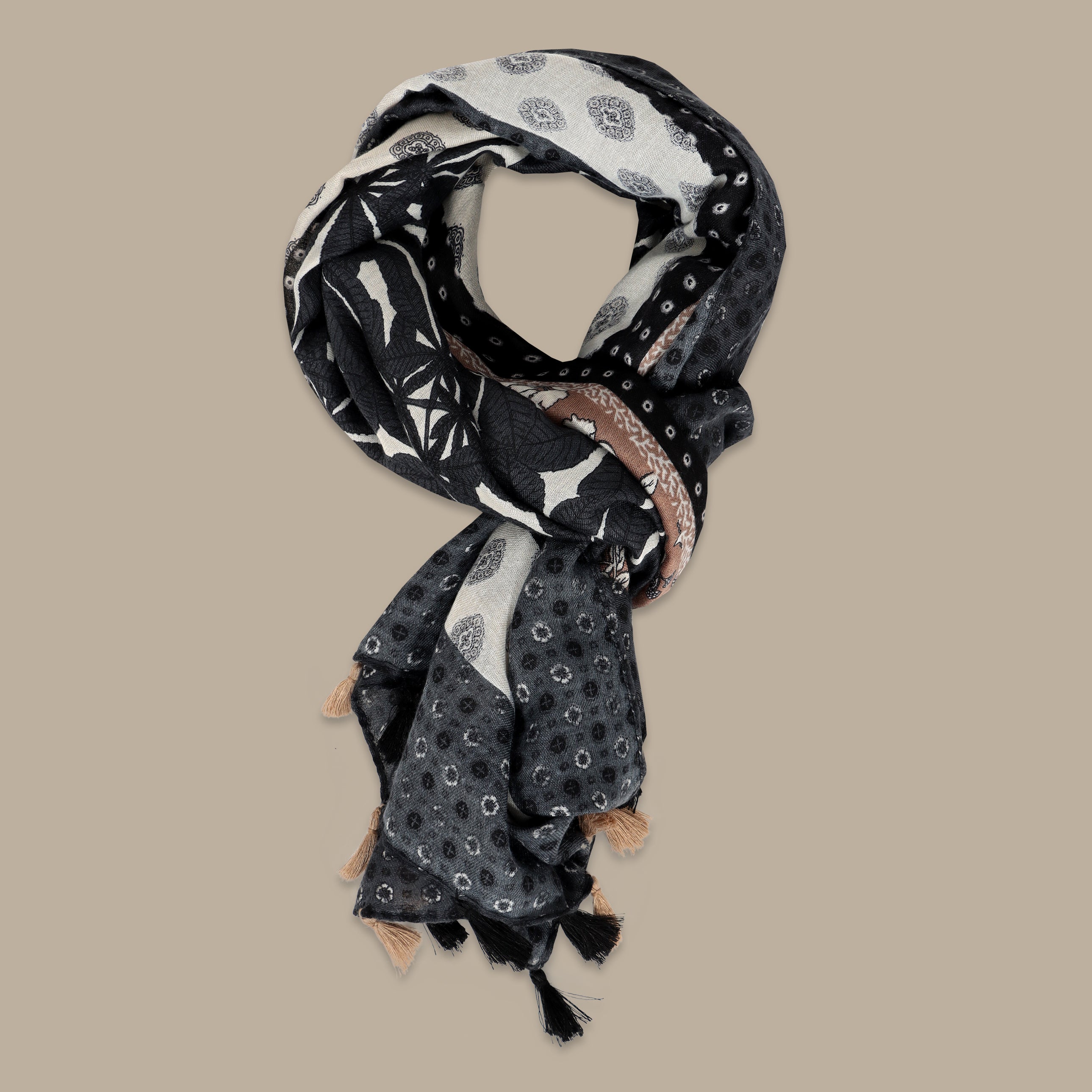 Dark Grey Scarf with Leaf Print