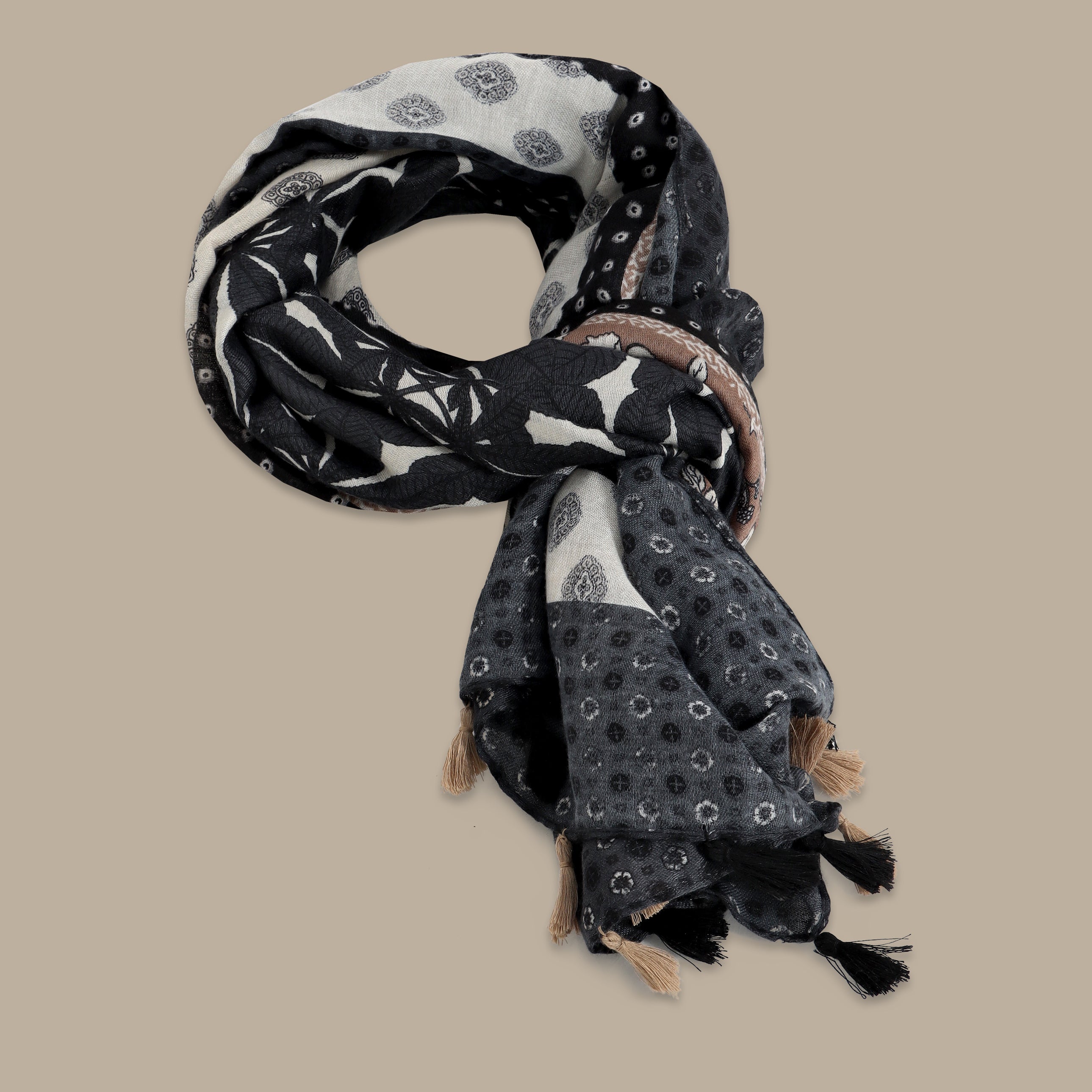 Dark Grey Scarf with Leaf Print