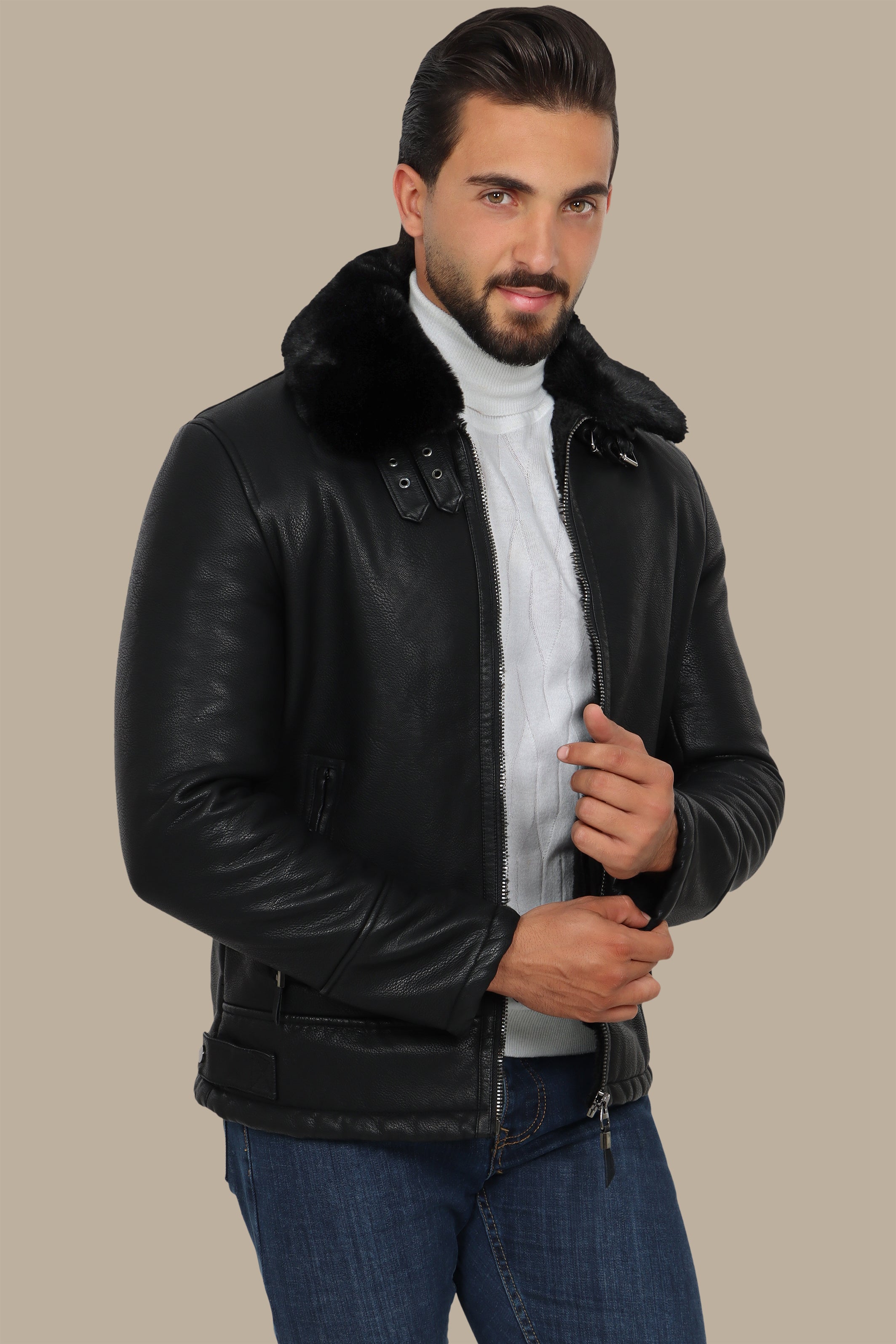 Black Leather Jacket with Fur Collar