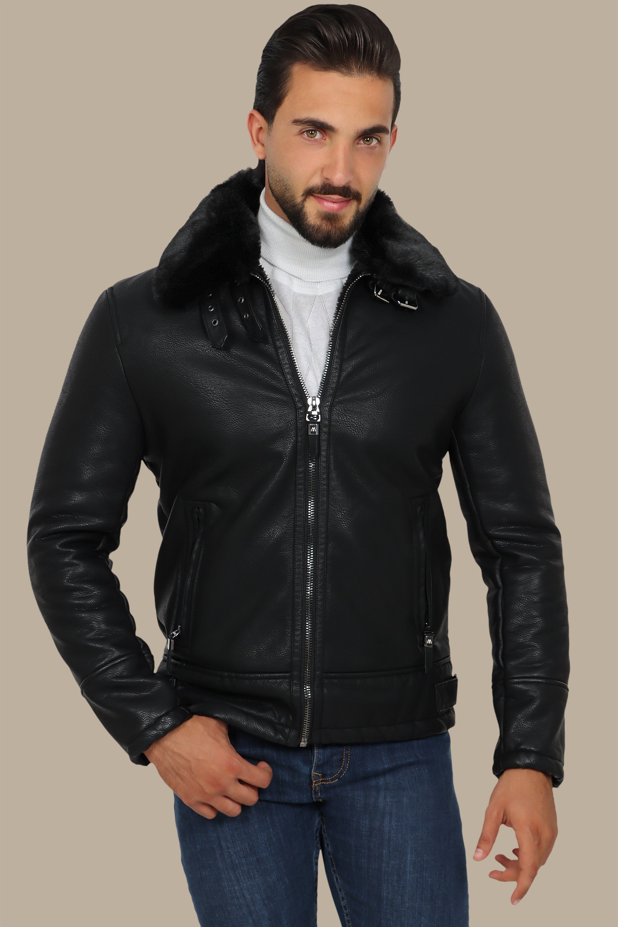 Black Leather Jacket with Fur Collar