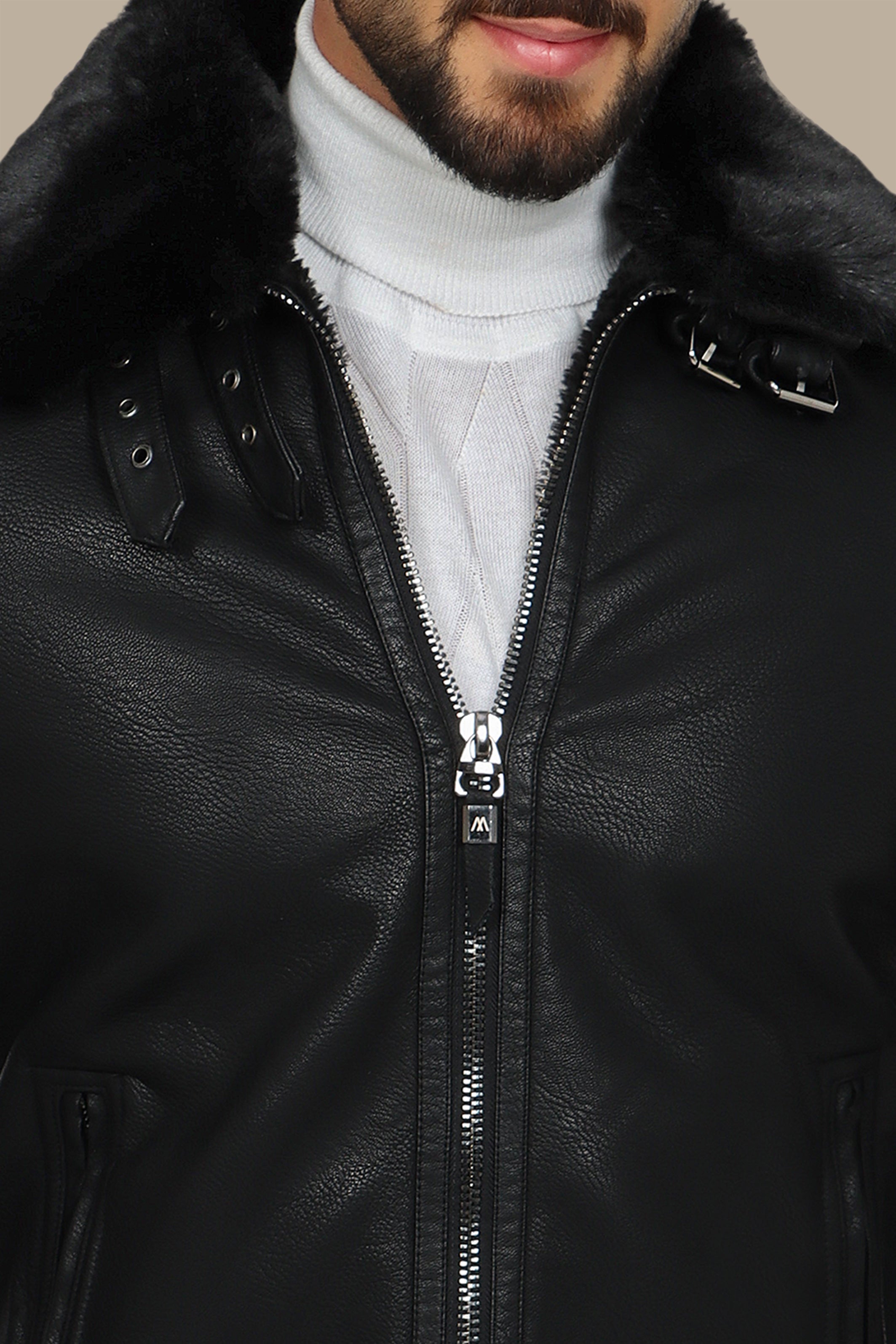 Black Leather Jacket with Fur Collar