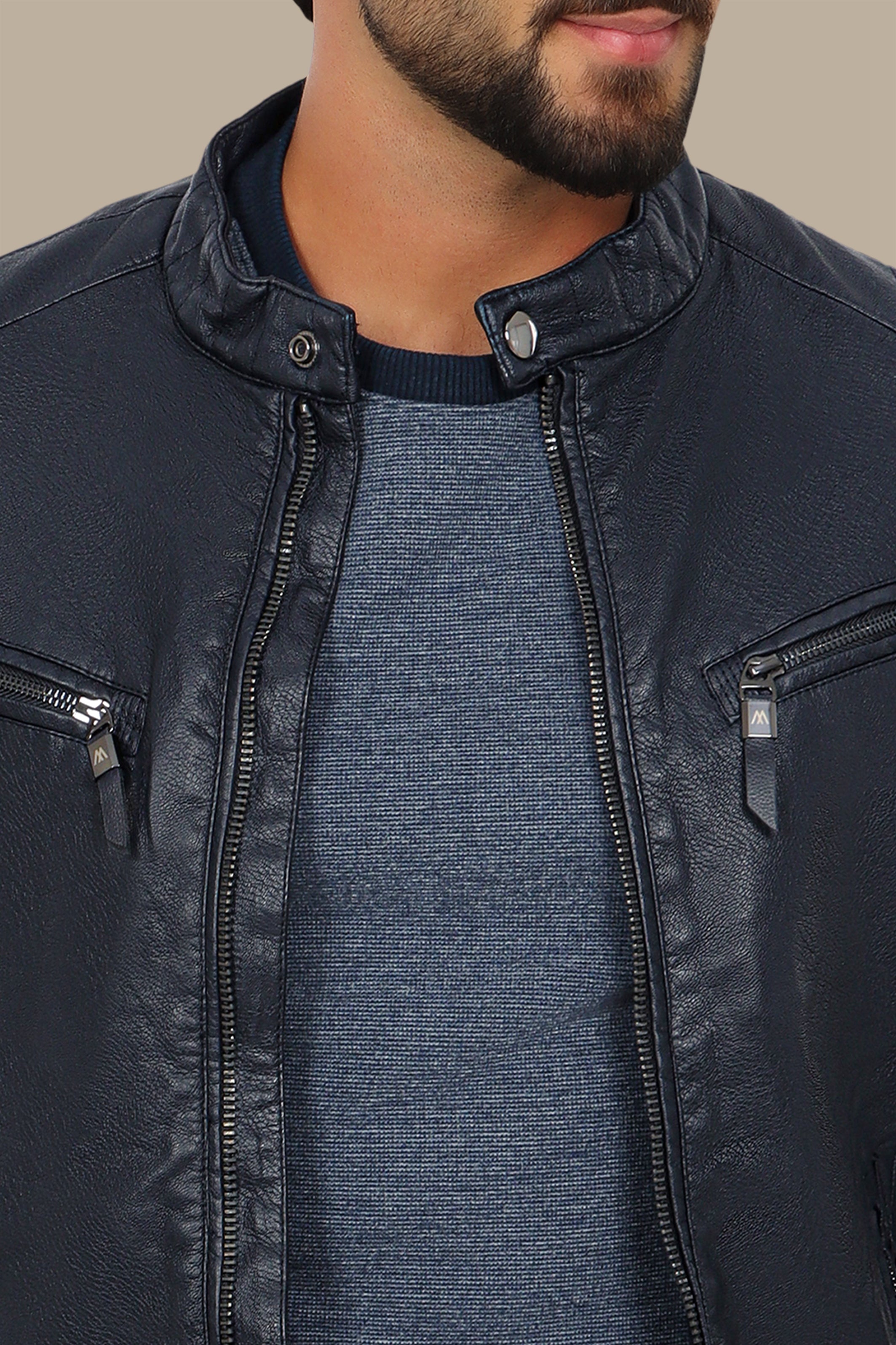 Navy Classic Leather Jacket with 4 Zippers