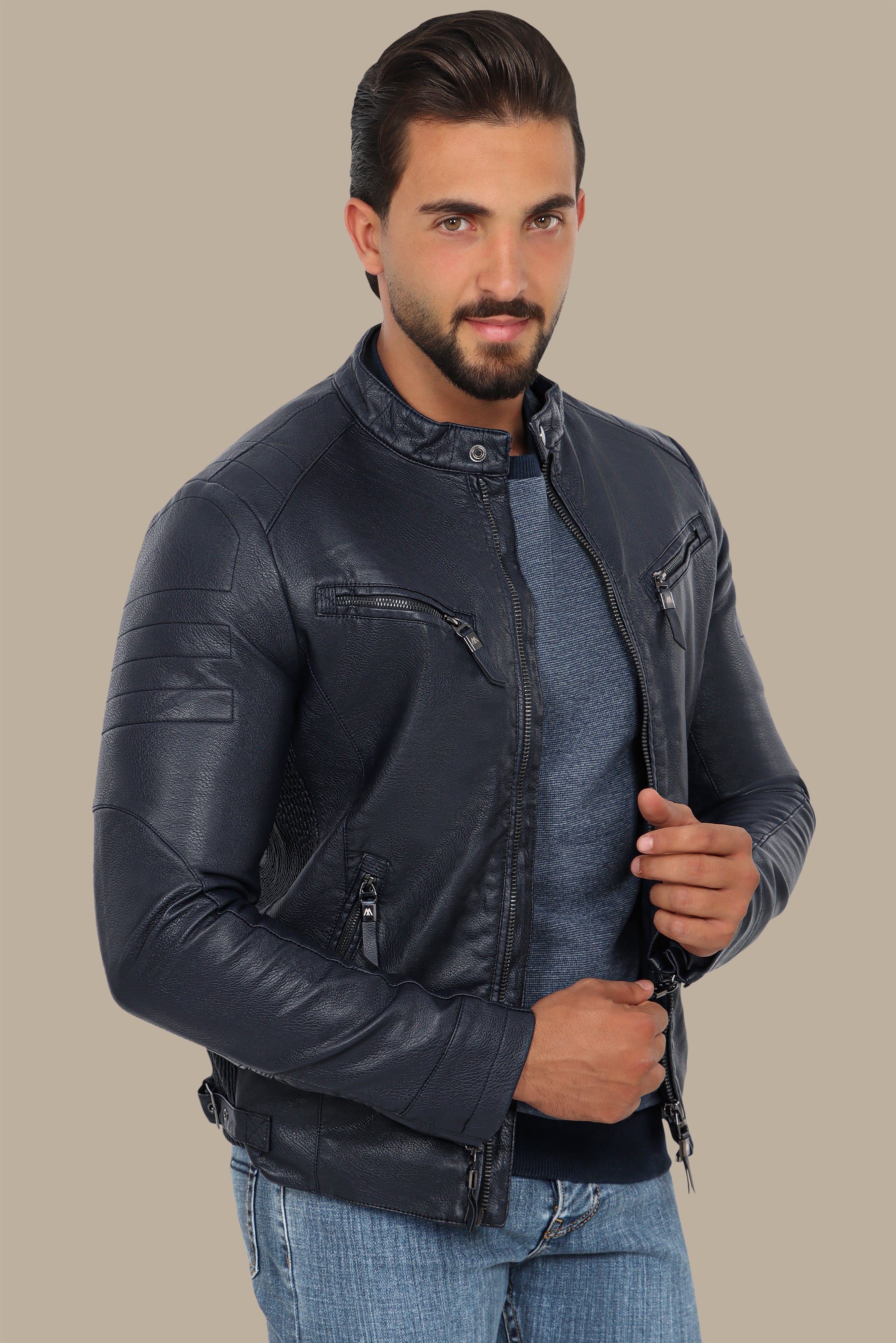 Navy Classic Leather Jacket with 4 Zippers