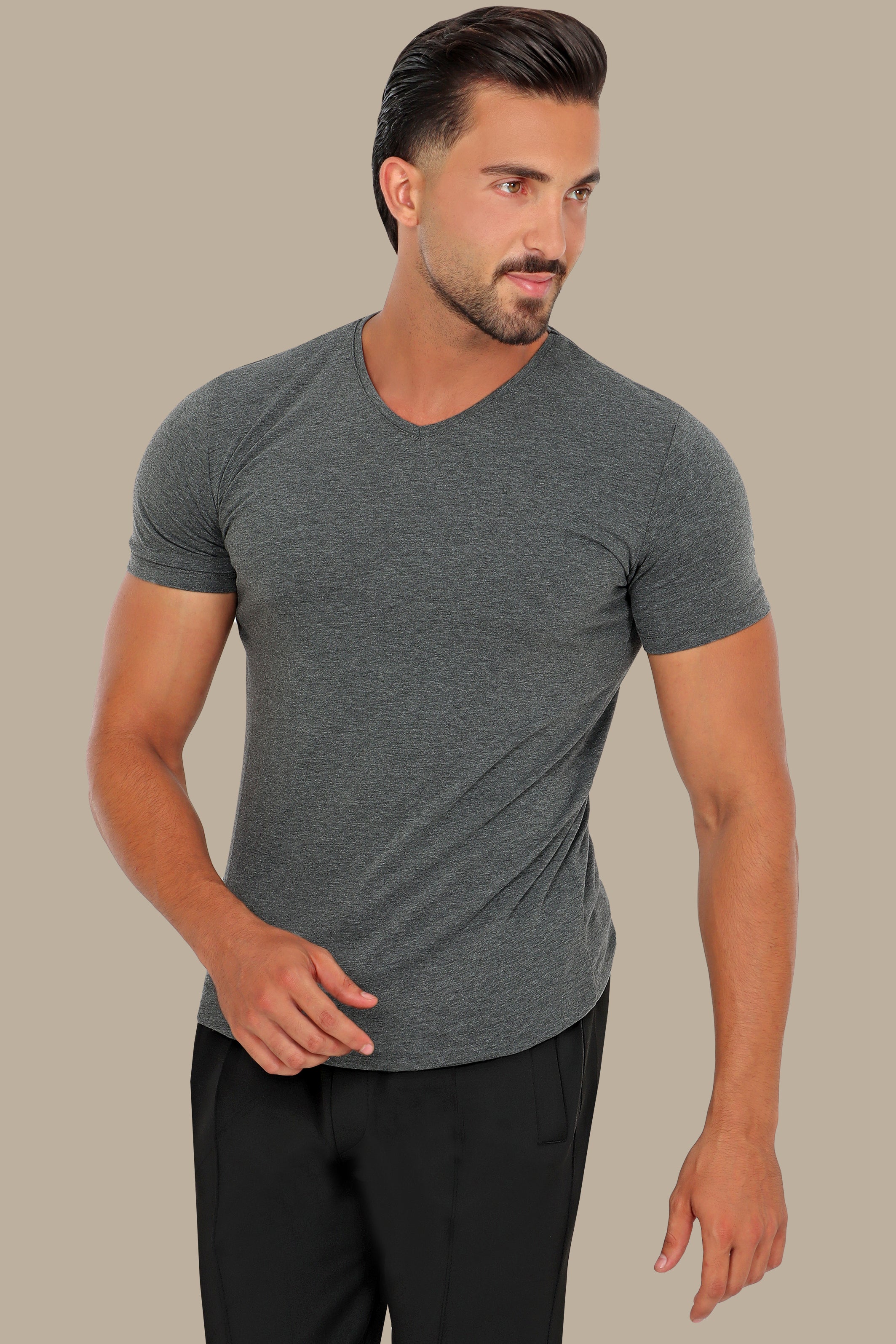 Urban Edge: Dark Grey Delight in Short Sleeve Basic V-Neck