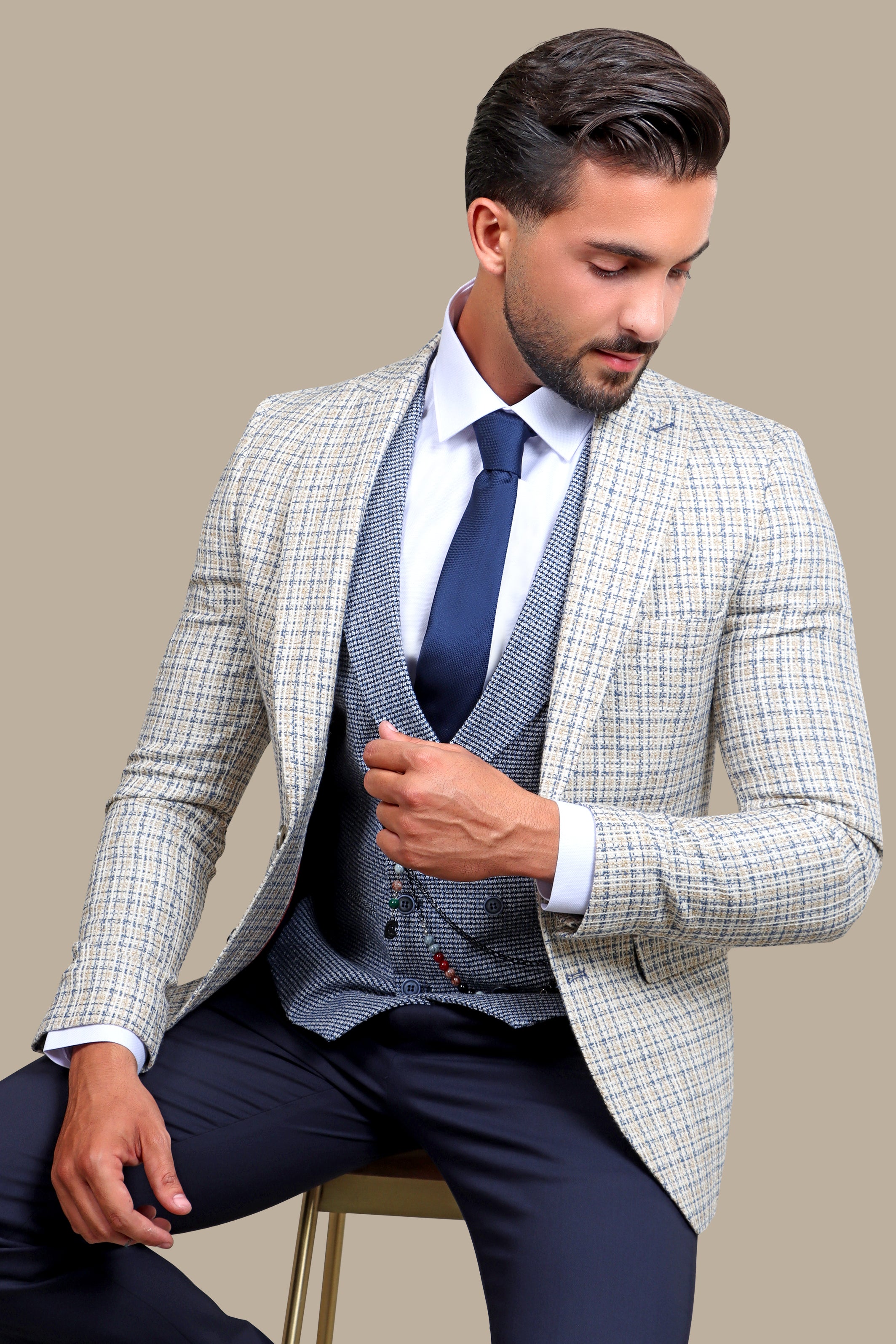 Beige Brilliance: The Ultimate Checked Mix and Match 3-Piece Suit