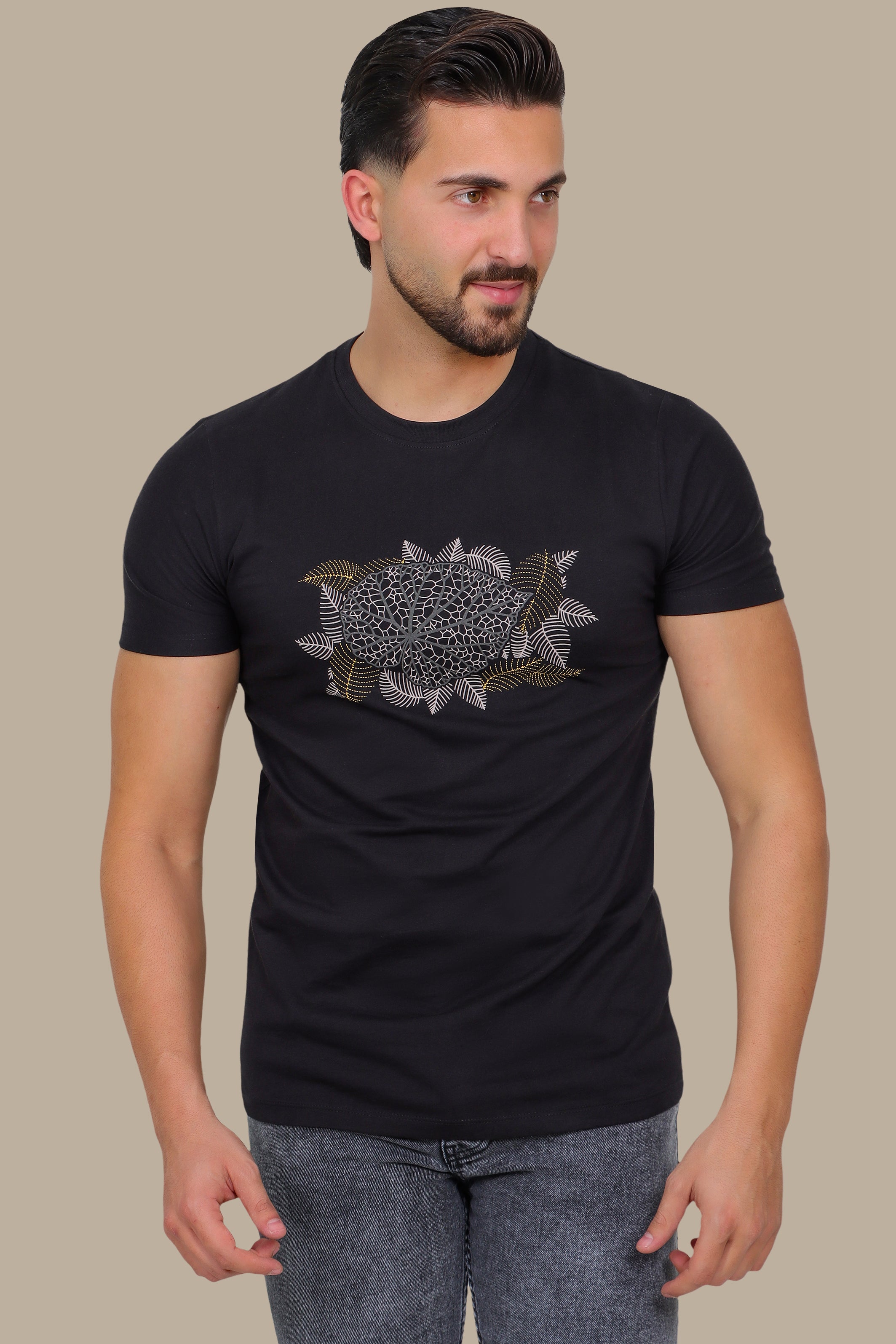 Black T-Shirt with Leaf Print