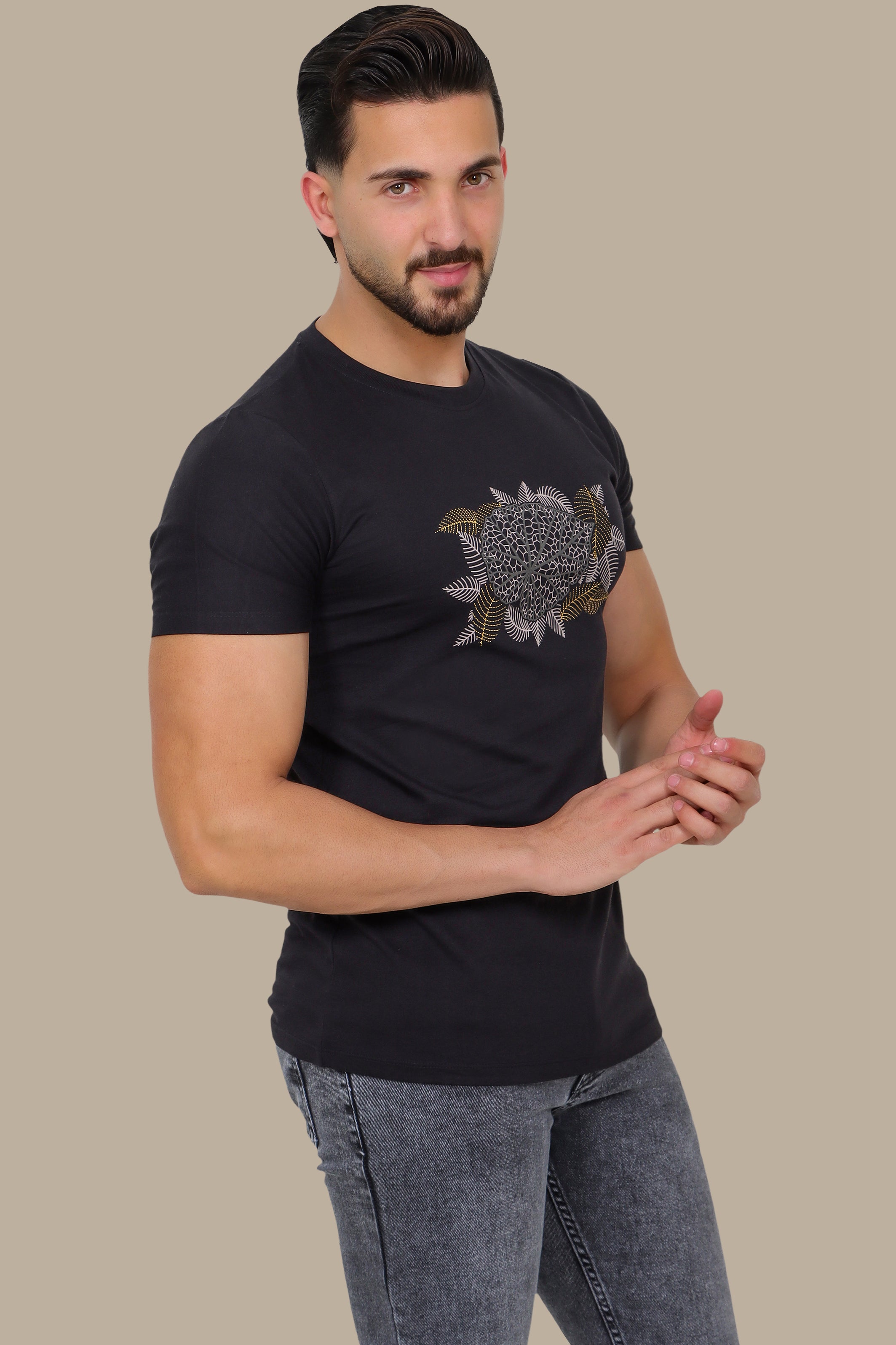 Black T-Shirt with Leaf Print