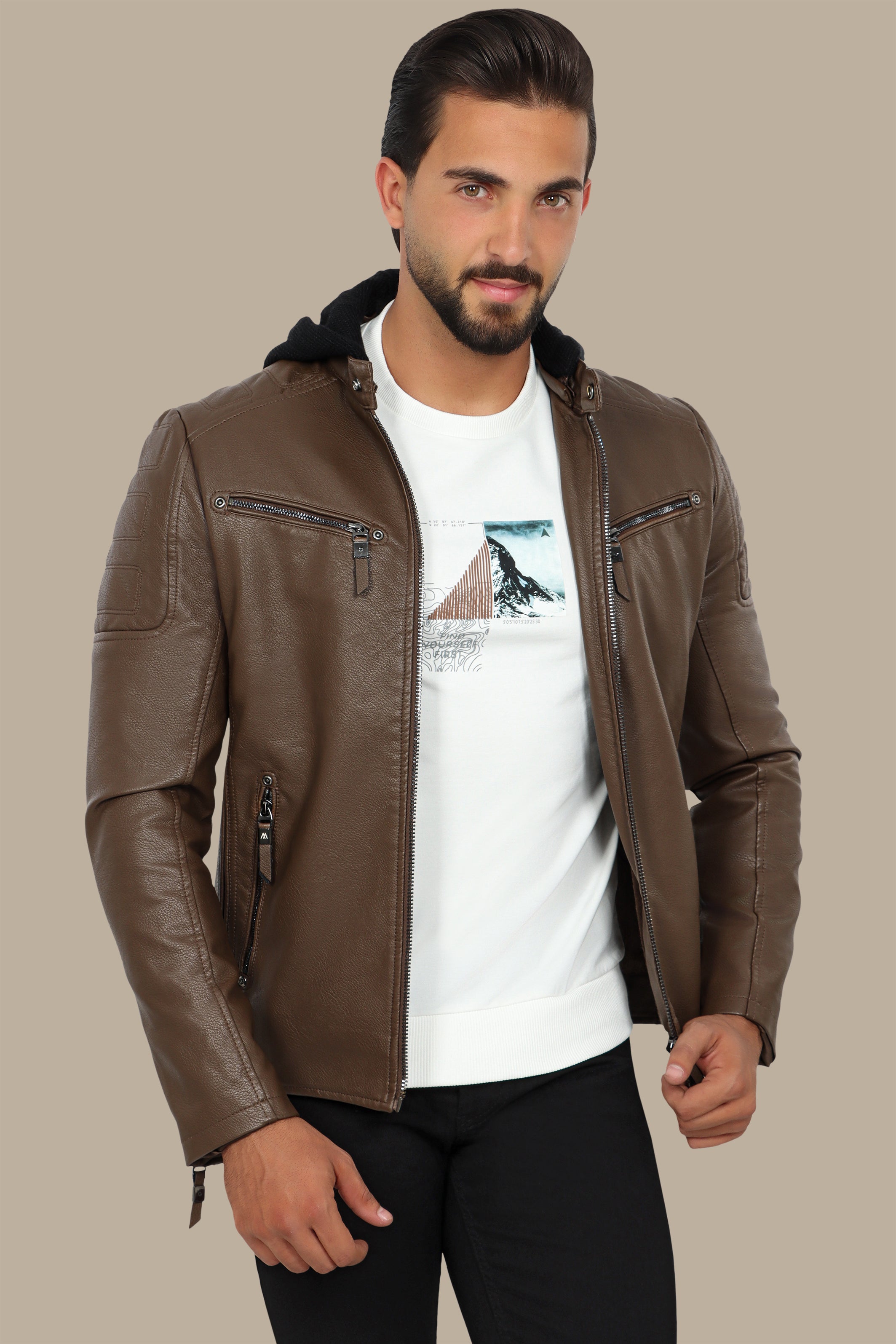 Faux Leather Rider Jacket with Detachable Hoodie in Camel